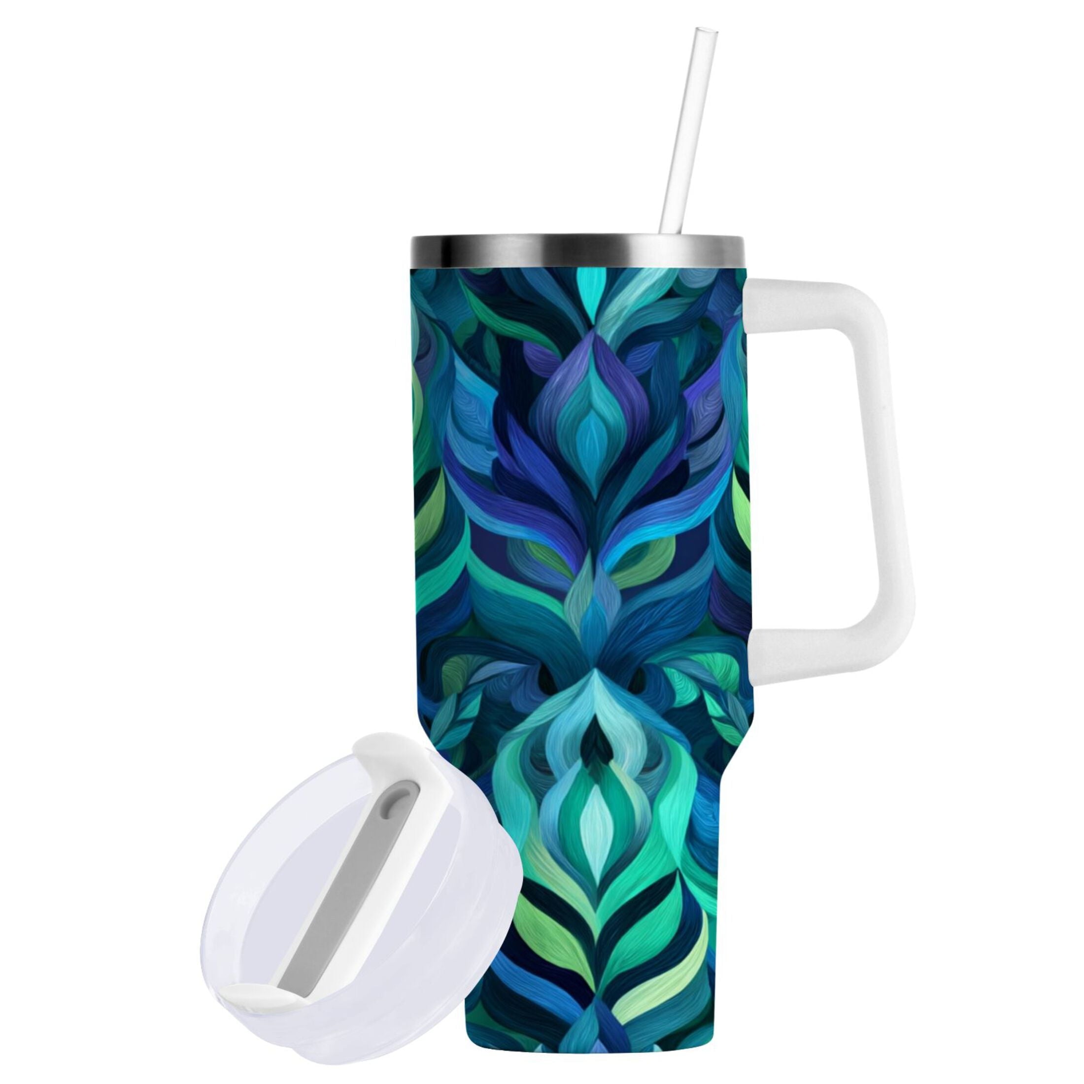 40 oz Insulated Stainless Steel Tumbler Double Wall Stainless Steel Tumbler with 2-Way Drinking Elegant Blue Abstract Shapes - 6YY7