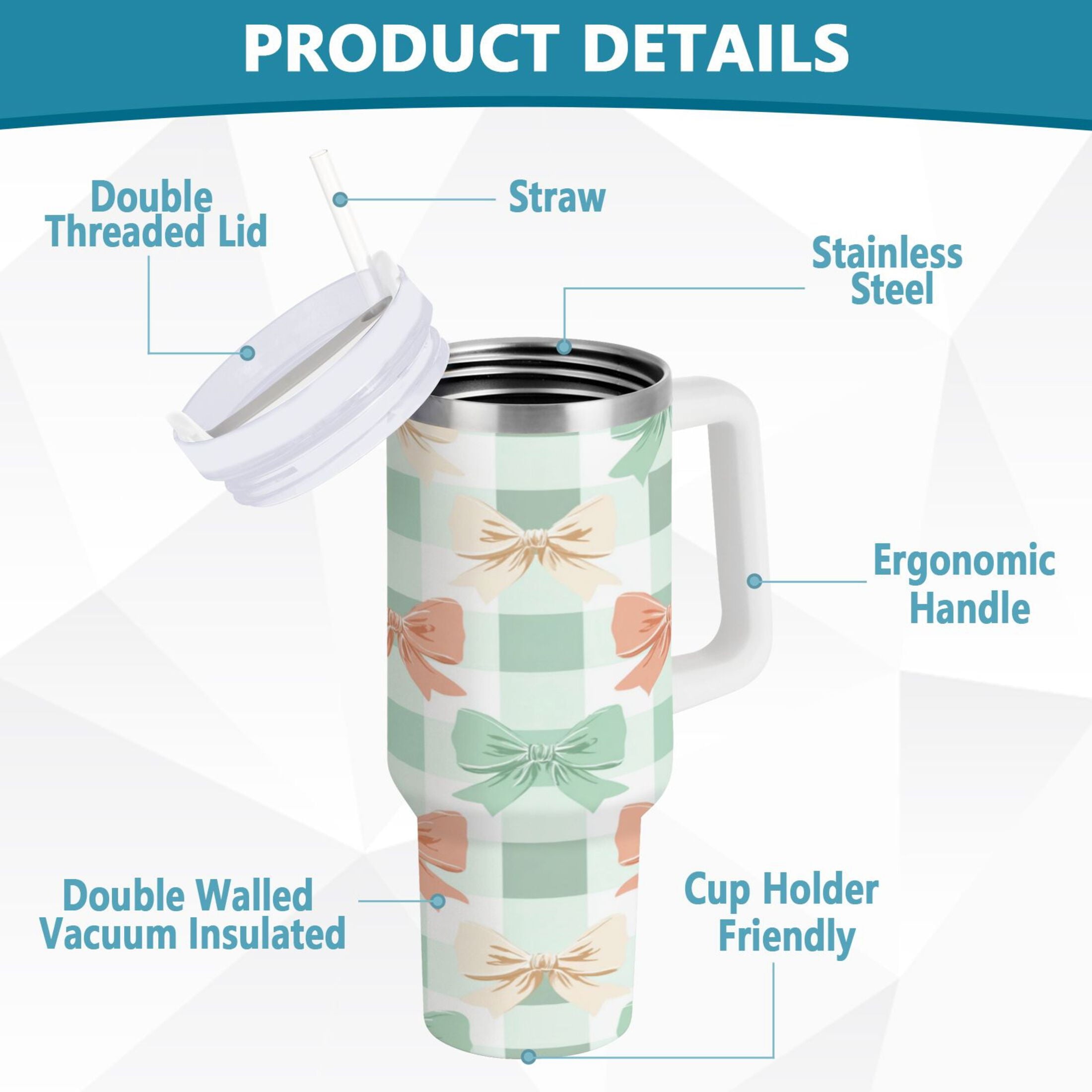 40 oz Insulated Stainless Steel Tumbler Double Wall Stainless Steel Tumbler with 2-Way Drinking Green and Peach Bow Pattern - WAL9