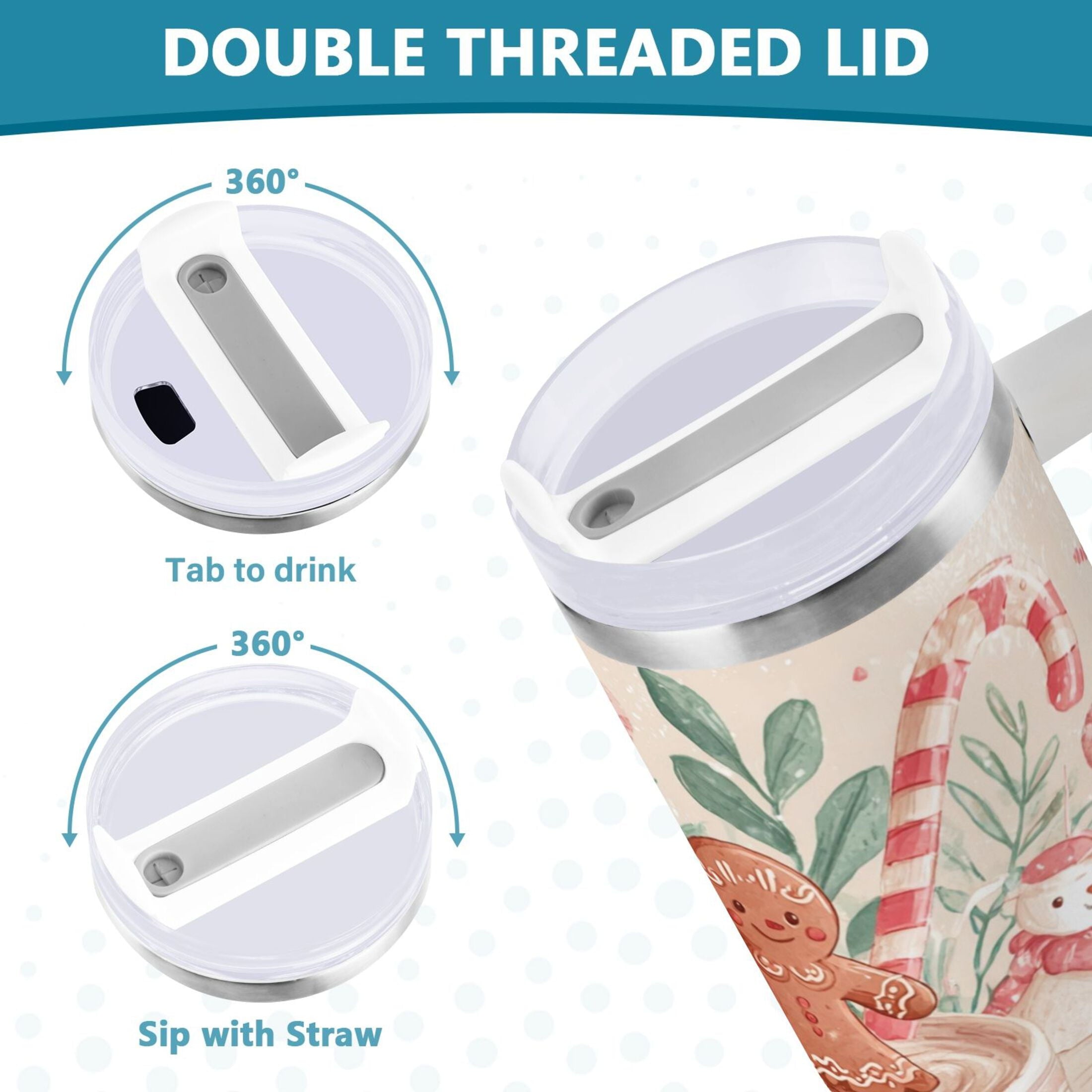 30 oz Insulated Stainless Steel Tumbler Double Wall Stainless Steel Tumbler with 2-Way Drinking Cute Christmas Design - HMBP