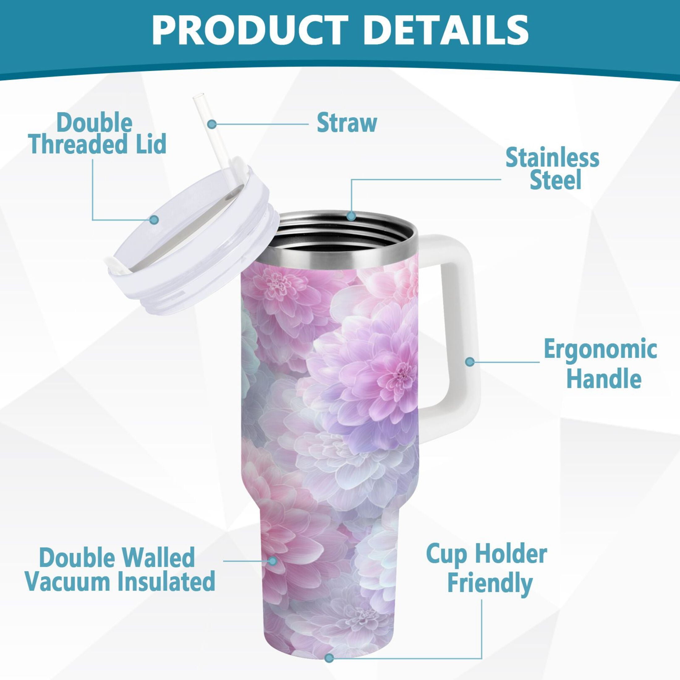 30 oz Insulated Stainless Steel Tumbler Double Wall Stainless Steel Tumbler with 2-Way Drinking Cute Pastel Watercolor Floral - K66X