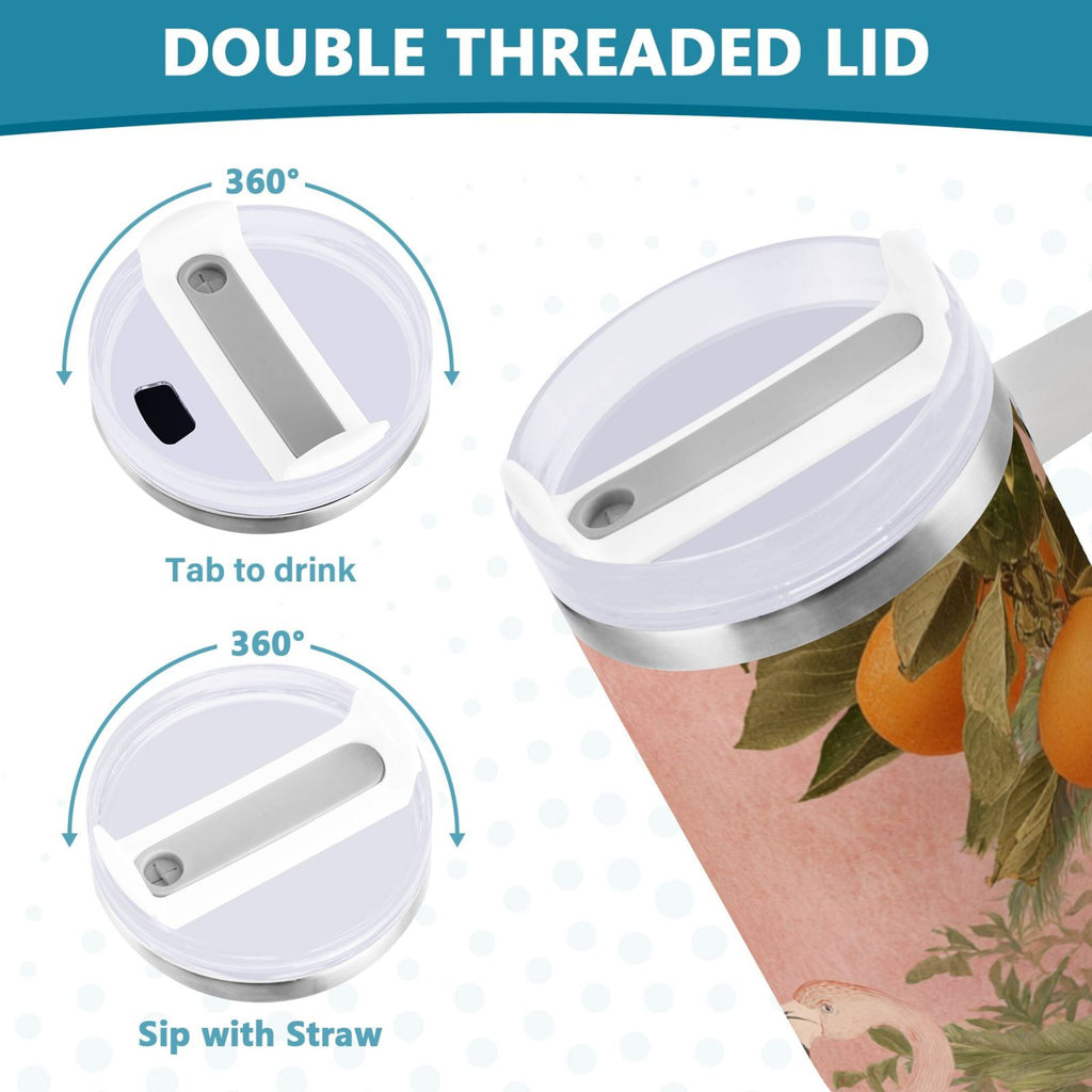 40 oz Insulated Stainless Steel Tumbler Double Wall Stainless Steel Tumbler with 2-Way Drinking Flamingos in Tropical Garden - D7RC