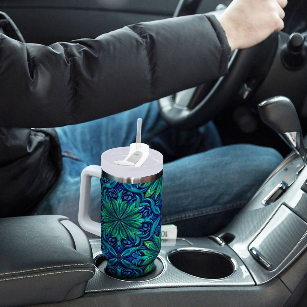 40 oz Insulated Stainless Steel Tumbler Double Wall Stainless Steel Tumbler with 2-Way Drinking Elegant Blue Traditional Patterns - KMPM