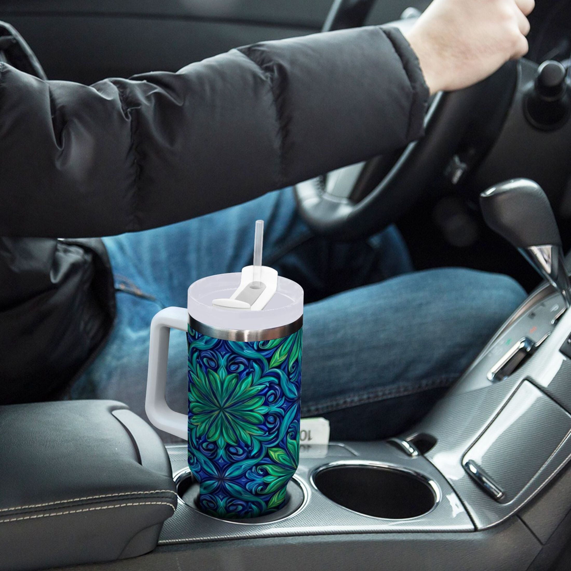 40 oz Insulated Stainless Steel Tumbler Double Wall Stainless Steel Tumbler with 2-Way Drinking Elegant Blue Traditional Patterns - KMPM