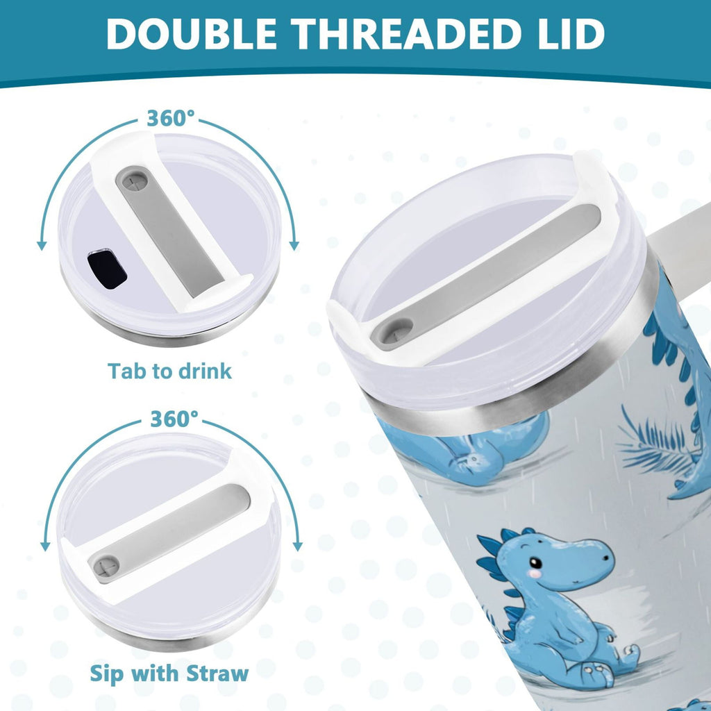 30 oz Insulated Stainless Steel Tumbler Double Wall Stainless Steel Tumbler with 2-Way Drinking Cartoon Blue Dinosaurs - LJEG