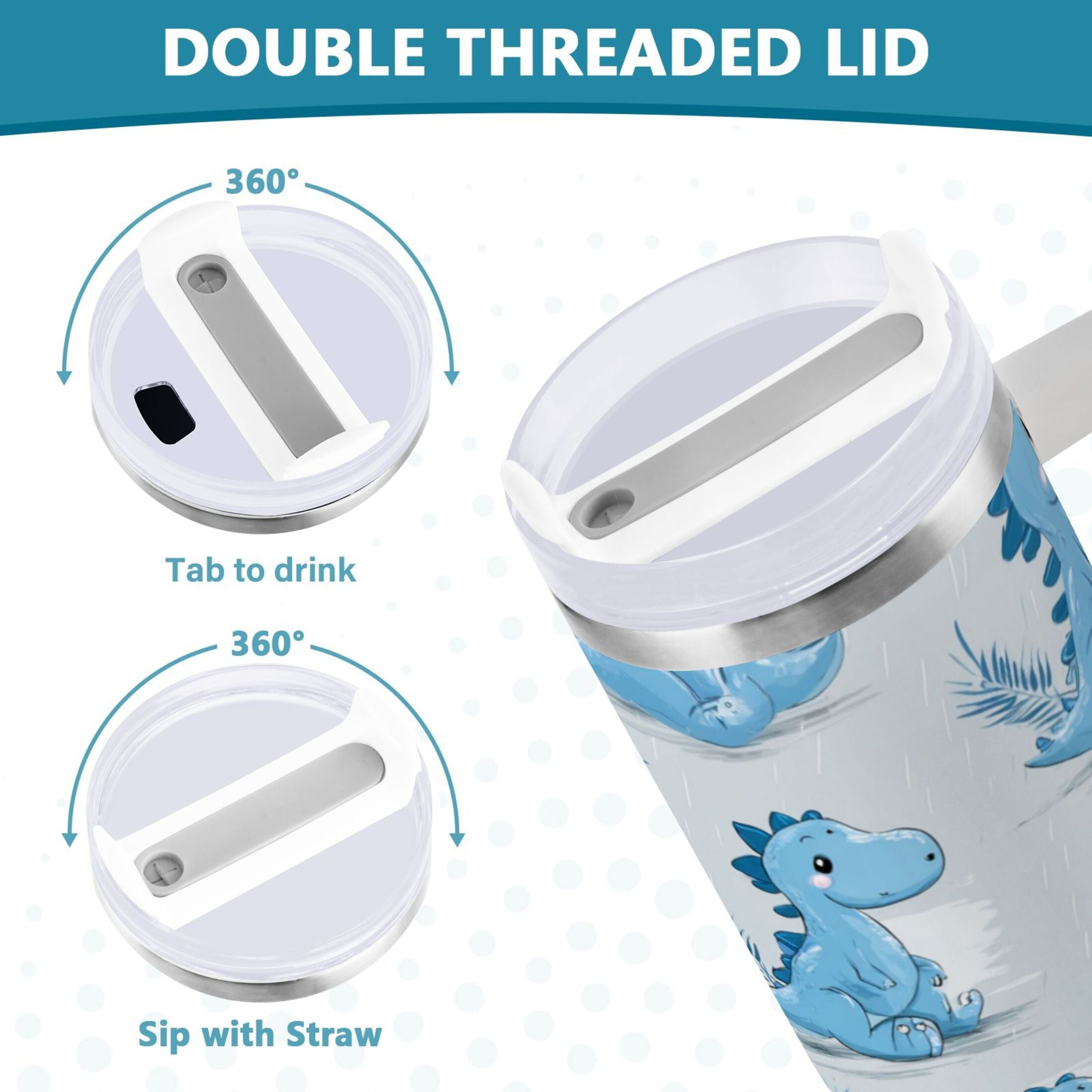 30 oz Insulated Stainless Steel Tumbler Double Wall Stainless Steel Tumbler with 2-Way Drinking Cartoon Blue Dinosaurs - LJEG