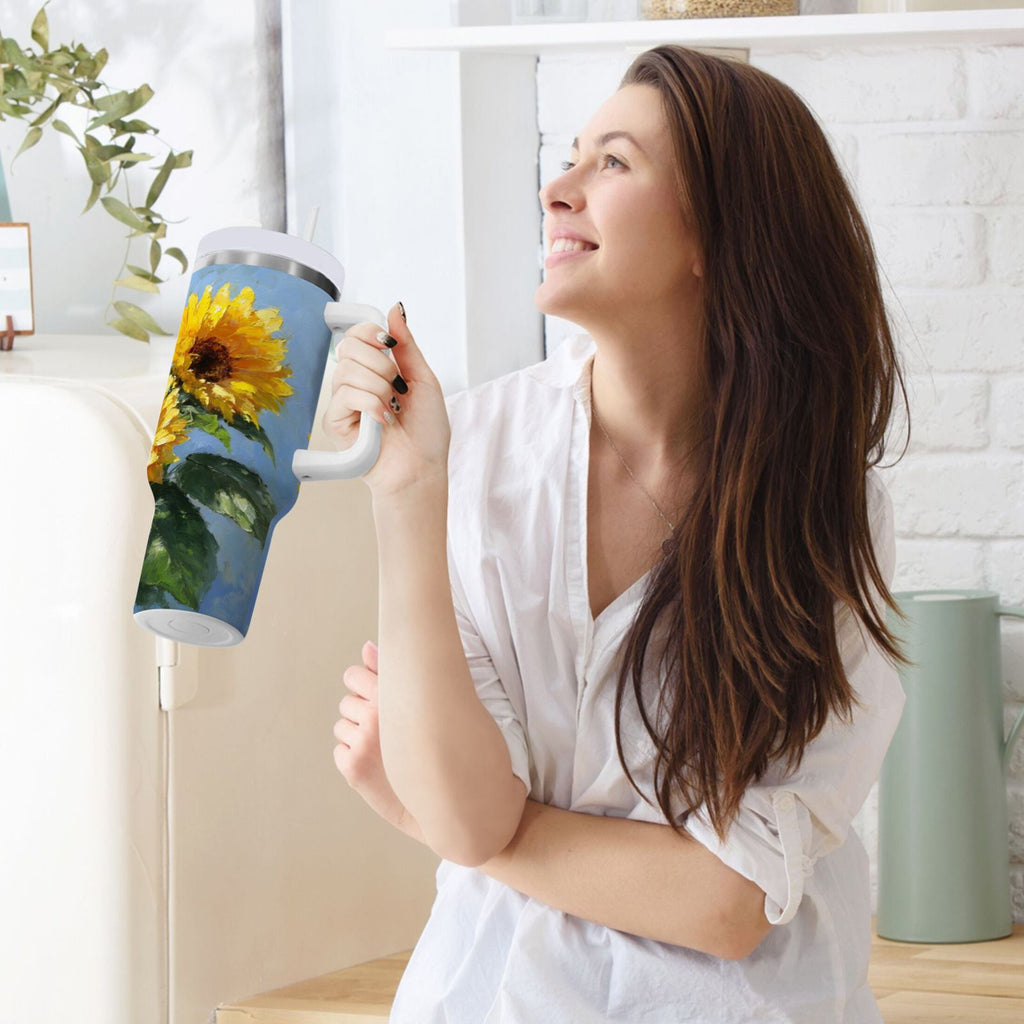 40 oz Insulated Stainless Steel Tumbler Double Wall Stainless Steel Tumbler with 2-Way Drinking Sunflowers Painting - WQK8