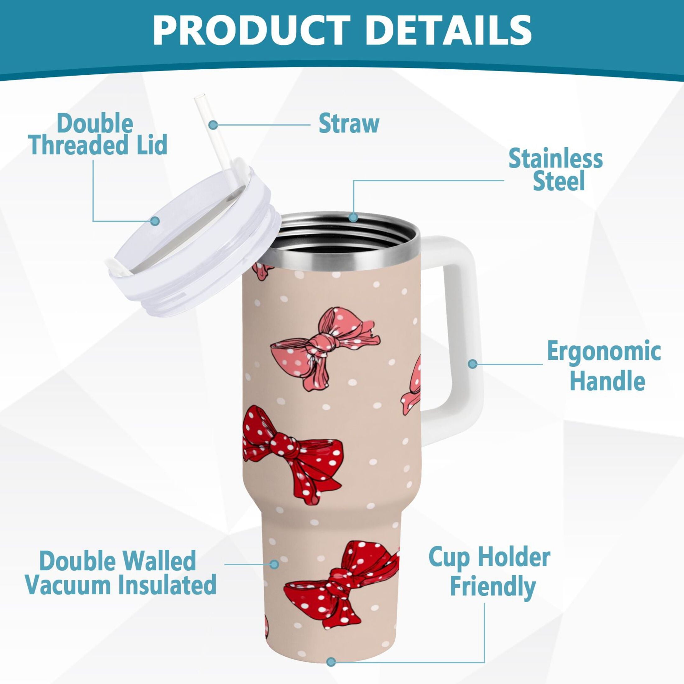 30 oz Insulated Stainless Steel Tumbler Double Wall Stainless Steel Tumbler with 2-Way Drinking Cute Red Bows Pattern - ENJH