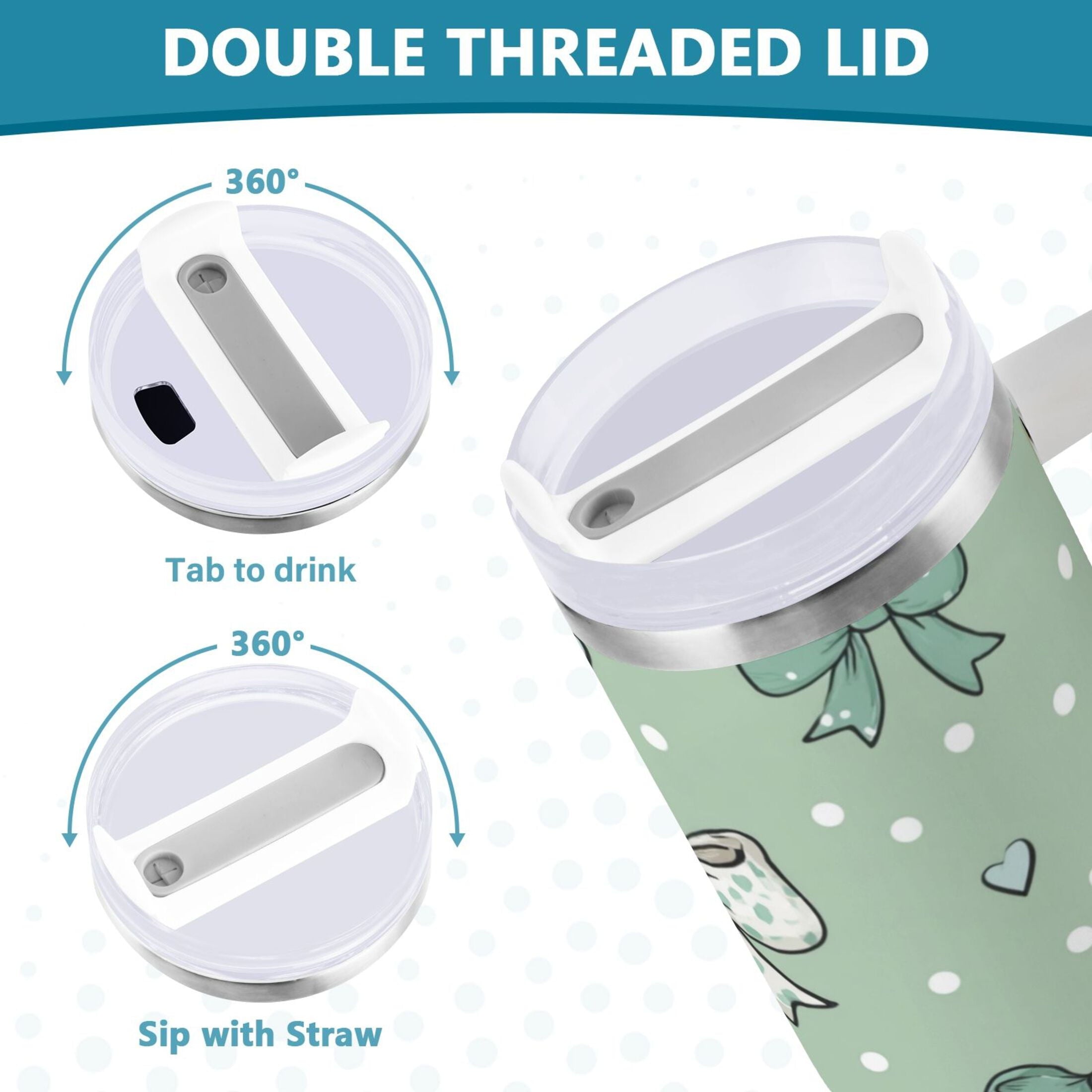 30 oz Insulated Stainless Steel Tumbler Double Wall Stainless Steel Tumbler with 2-Way Drinking Green and Mint Bows - 8TP6