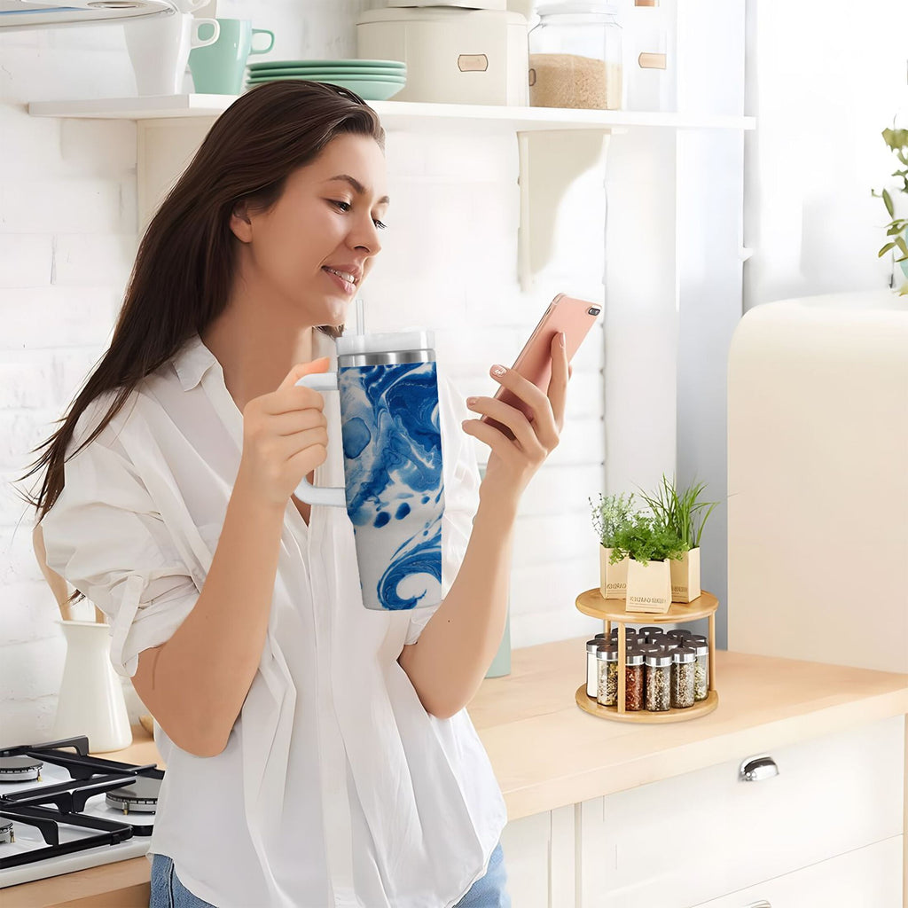 40 oz Insulated Stainless Steel Tumbler Double Wall Stainless Steel Tumbler with 2-Way Drinking Indigo Blue Tie-dye Pattern - NZVK