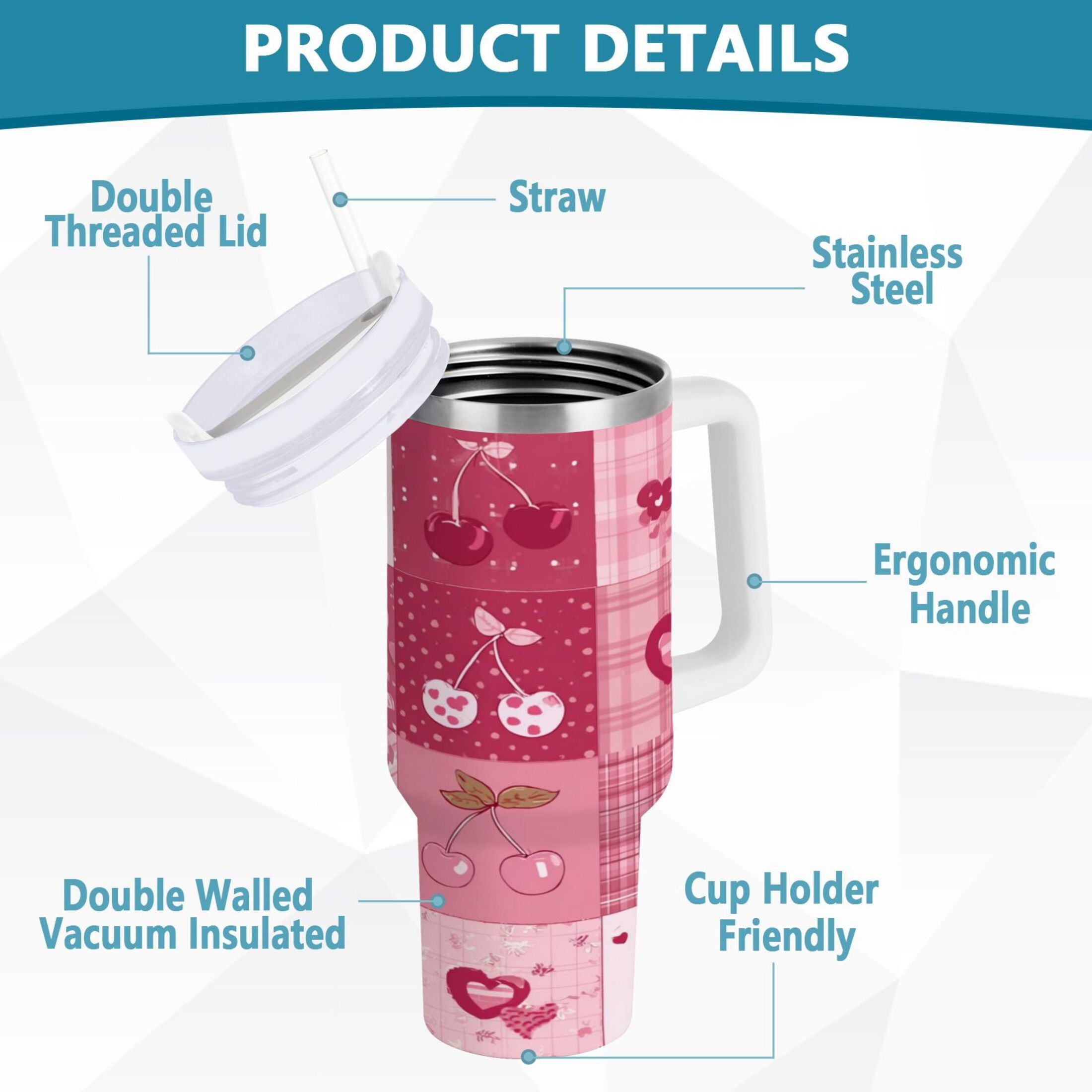 30 oz Insulated Stainless Steel Tumbler Double Wall Stainless Steel Tumbler with 2-Way Drinking Cherry Pattern with Bows - X9YM