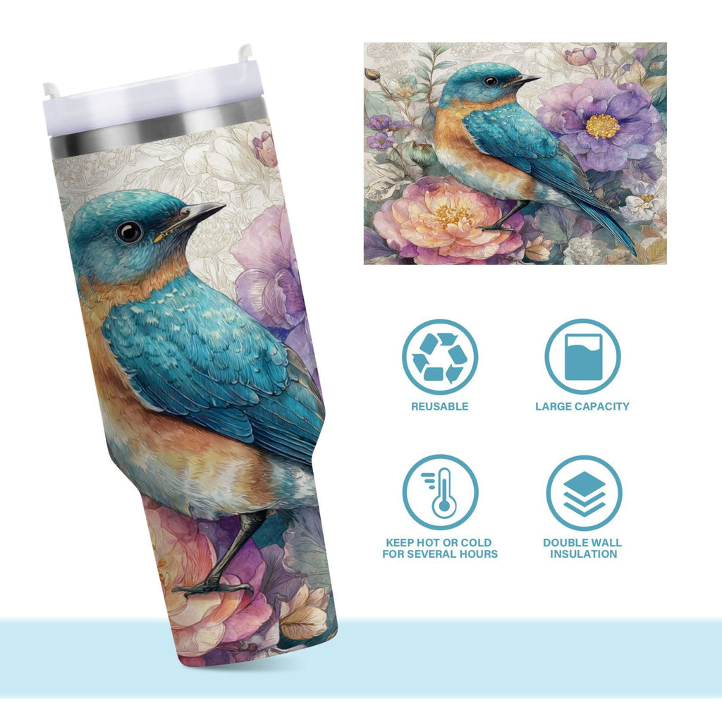 30 oz Insulated Stainless Steel Tumbler Double Wall Stainless Steel Tumbler with 2-Way Drinking Bluebird and Flower - M4U3