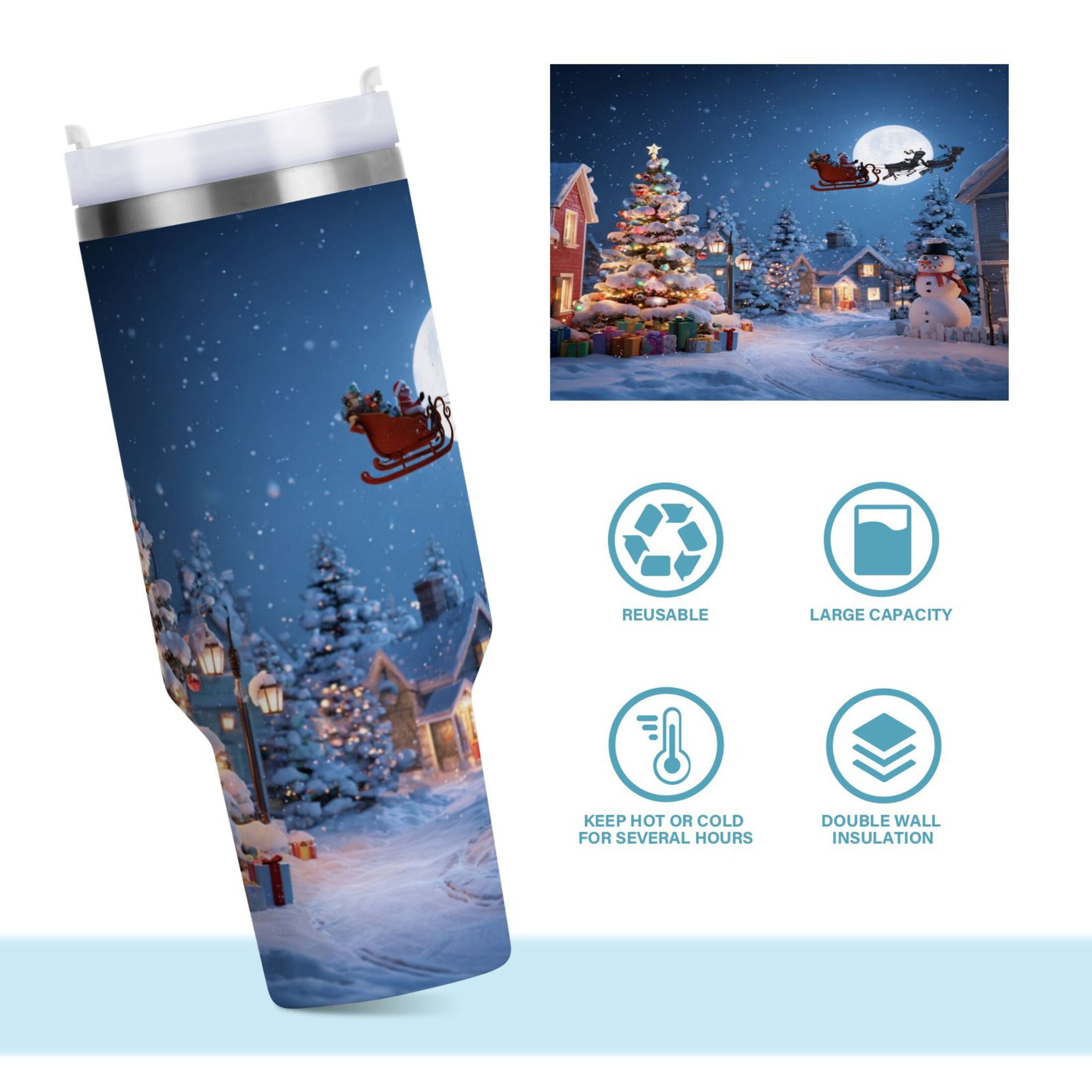 30 oz Insulated Stainless Steel Tumbler Double Wall Stainless Steel Tumbler with 2-Way Drinking Christmas Night Scene - HS7Q