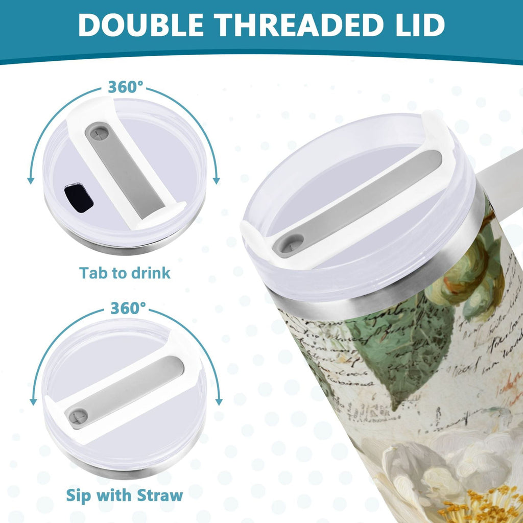 40 oz Insulated Stainless Steel Tumbler Double Wall Stainless Steel Tumbler with 2-Way Drinking Vintage White Camellias - Z4P8