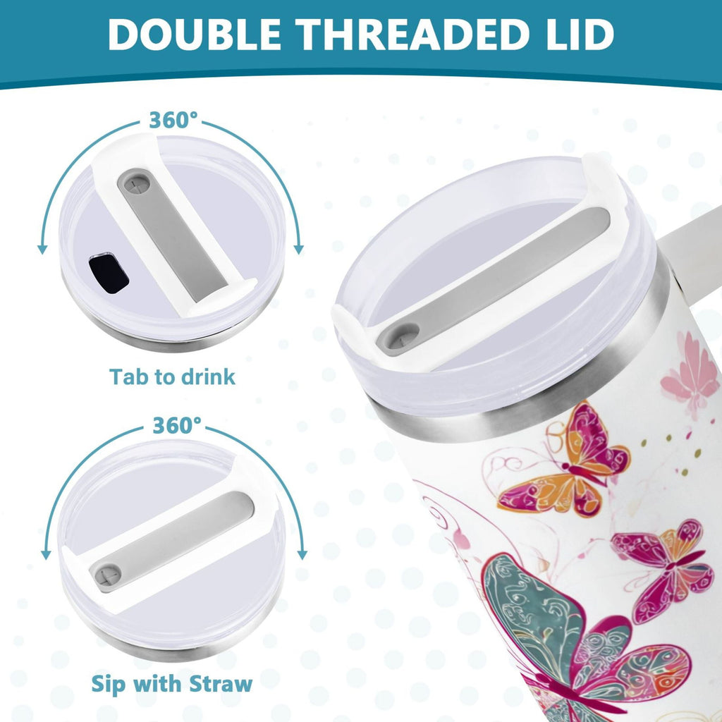 30 oz Insulated Stainless Steel Tumbler Double Wall Stainless Steel Tumbler with 2-Way Drinking Colorful Butterflies - E5BF