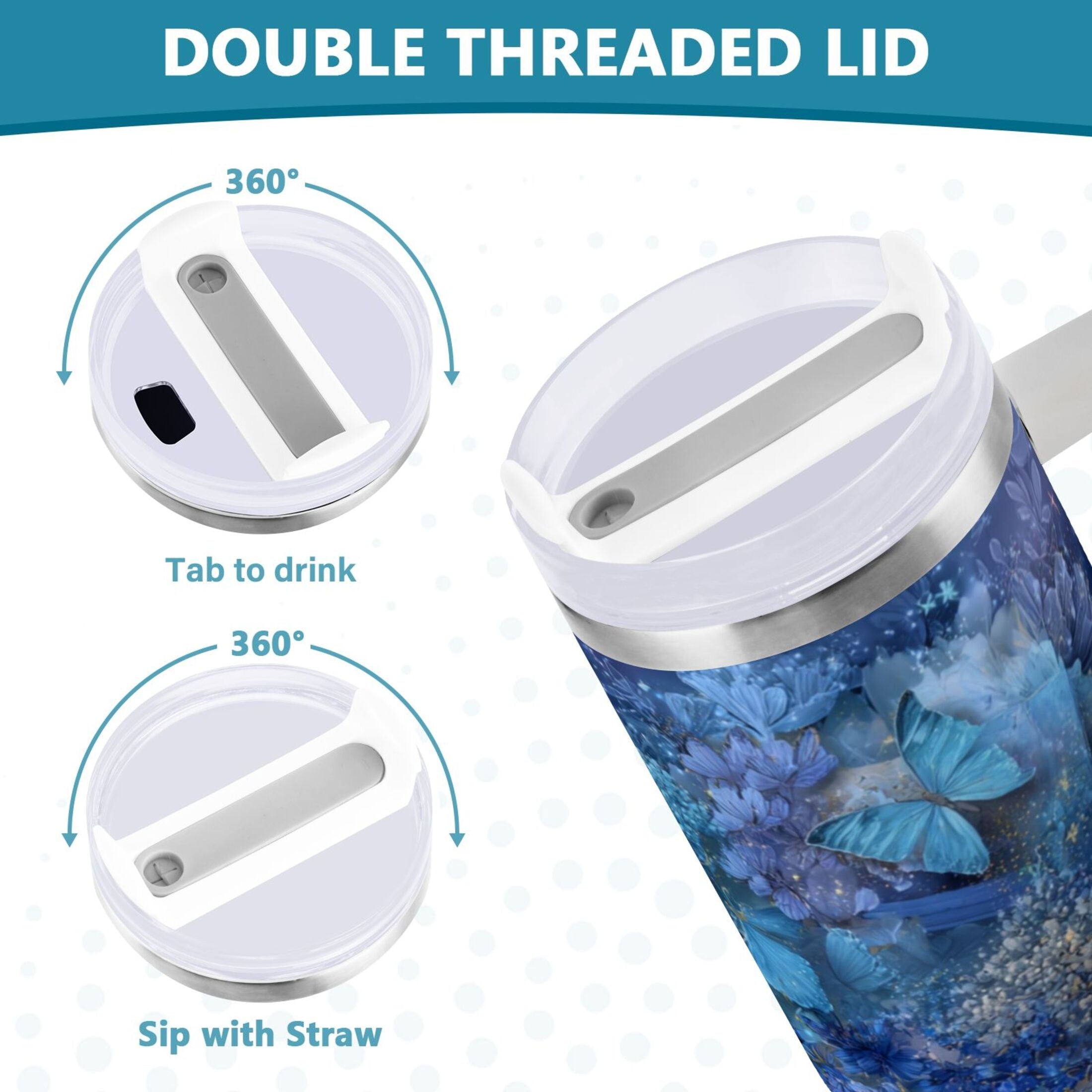 30 oz Insulated Stainless Steel Tumbler Double Wall Stainless Steel Tumbler with 2-Way Drinking Butterflies Books and Flowers - K7D9
