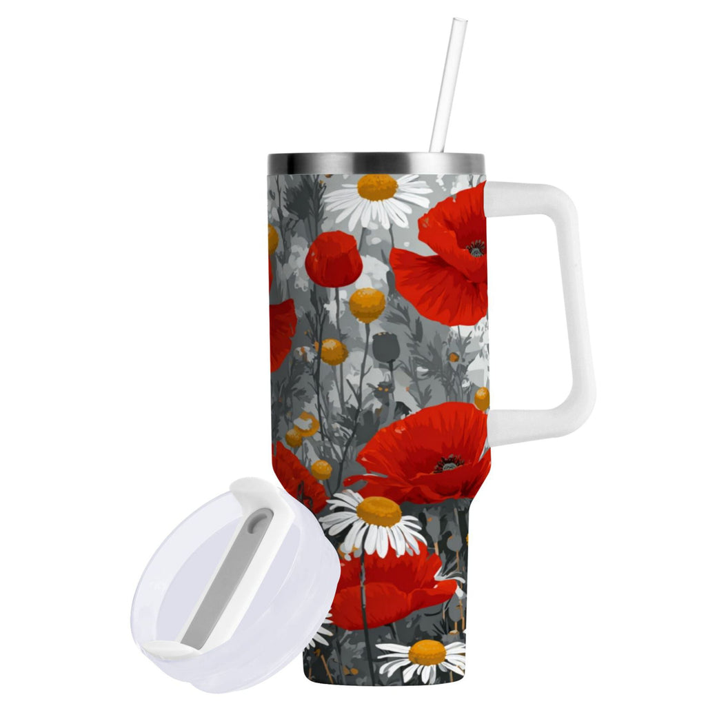40 oz Insulated Stainless Steel Tumbler Double Wall Stainless Steel Tumbler with 2-Way Drinking Red Flowers and Daisies - JF3D