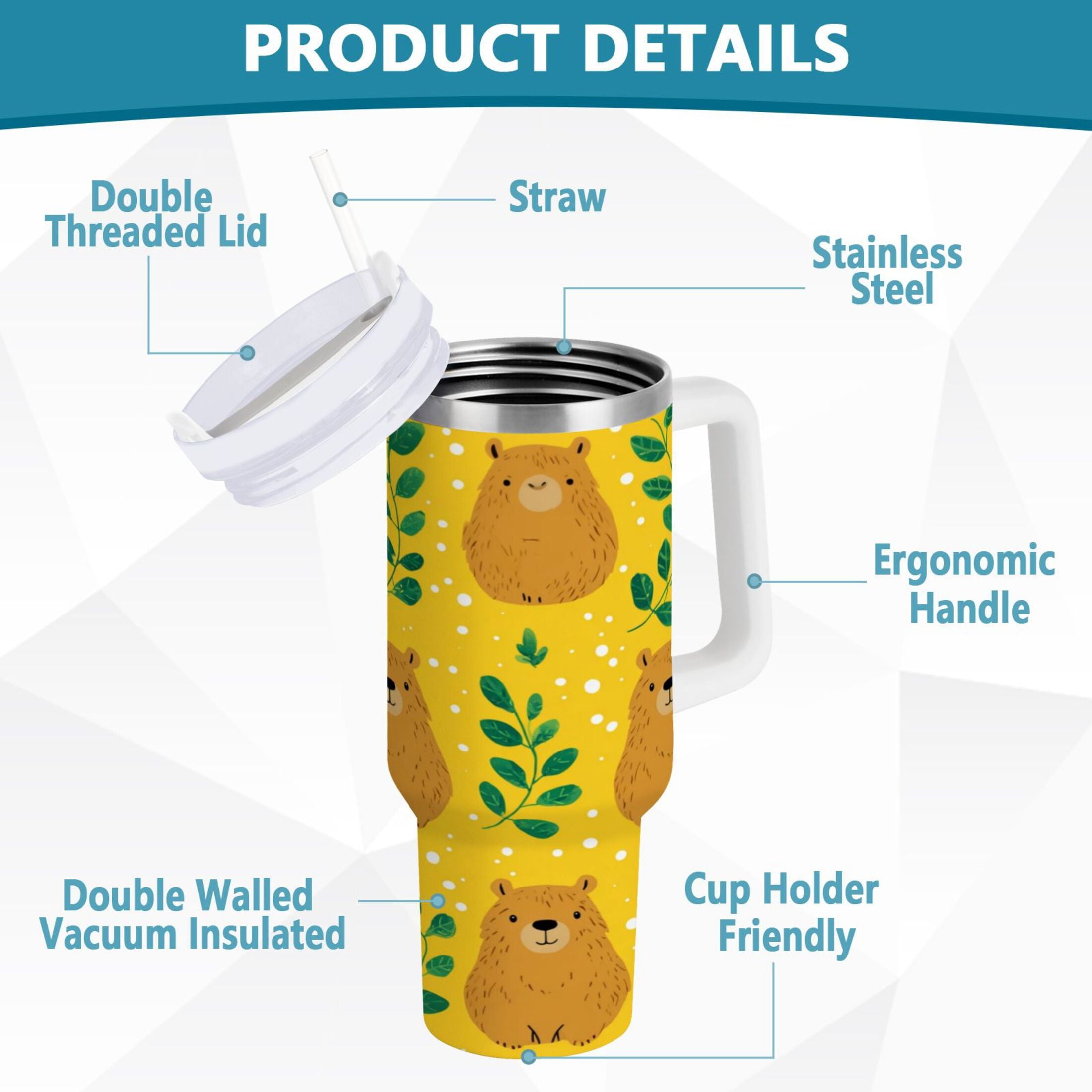 30 oz Insulated Stainless Steel Tumbler Double Wall Stainless Steel Tumbler with 2-Way Drinking Capybara and Green Leaves - P9E7