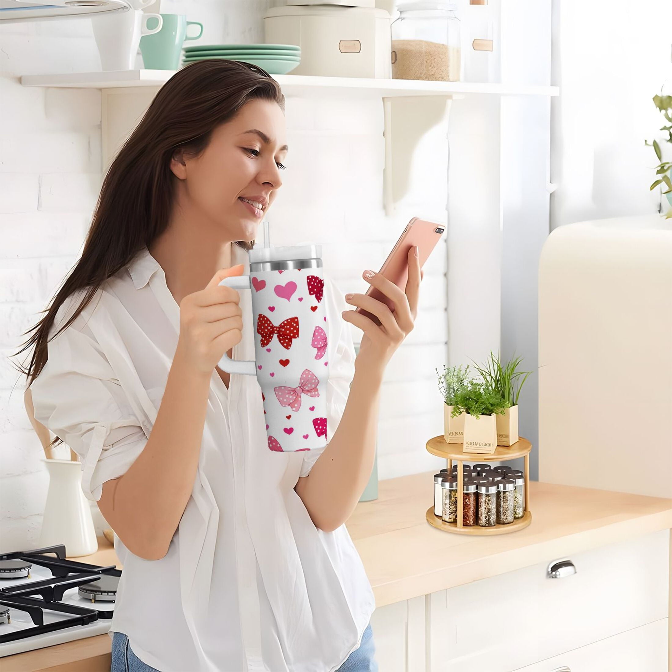 30 oz Insulated Stainless Steel Tumbler Double Wall Stainless Steel Tumbler with 2-Way Drinking Red and Pink Bows - EJXV