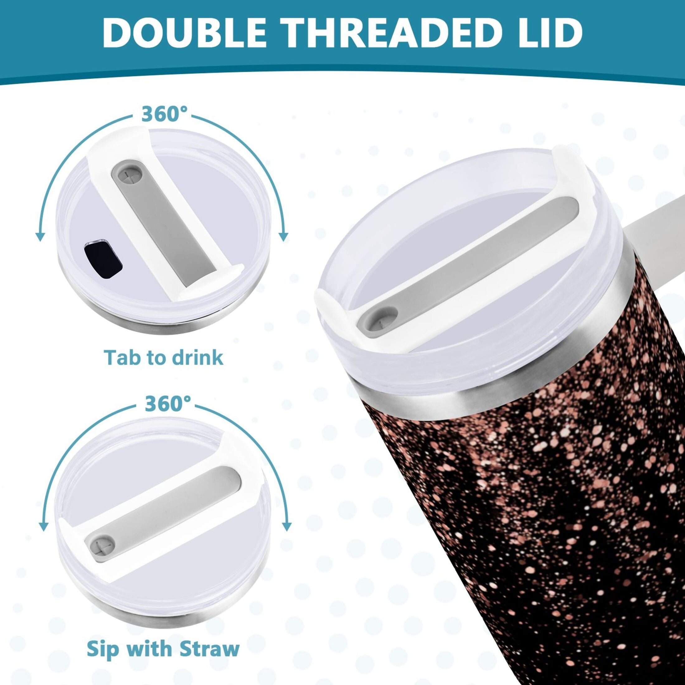 40 oz Insulated Stainless Steel Tumbler Double Wall Stainless Steel Tumbler with 2-Way Drinking Rose Gold Glitter - 8XAA