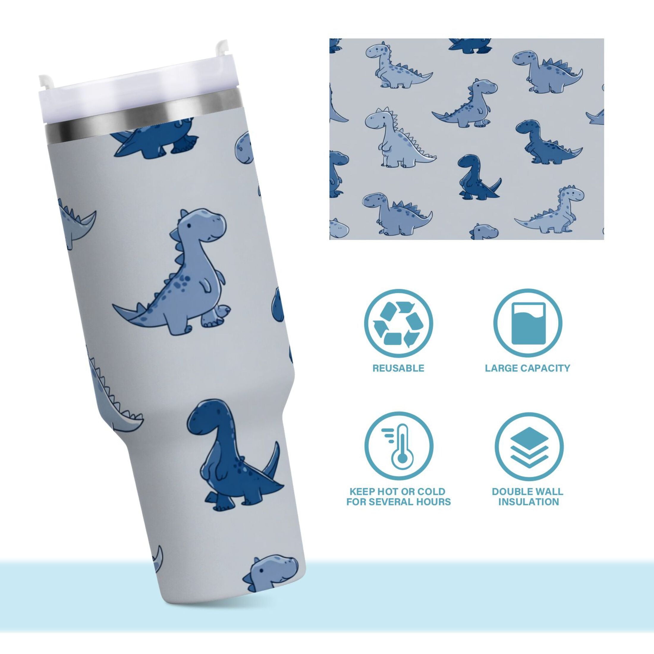 30 oz Insulated Stainless Steel Tumbler Double Wall Stainless Steel Tumbler with 2-Way Drinking Cute Blue Dinosaurs - 9QJB