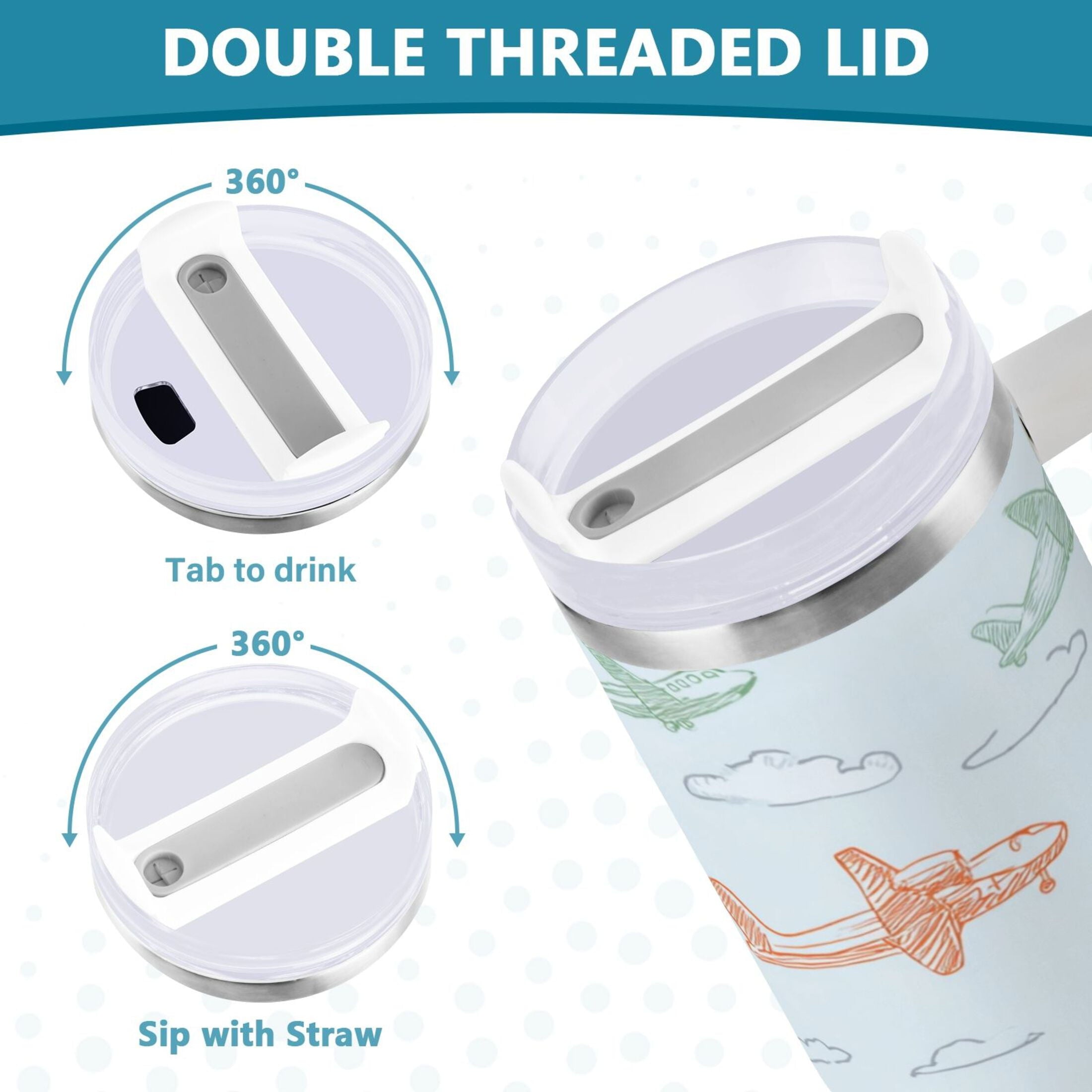 30 oz Insulated Stainless Steel Tumbler Double Wall Stainless Steel Tumbler with 2-Way Drinking Pastel Doodle Airplanes - 2D6W