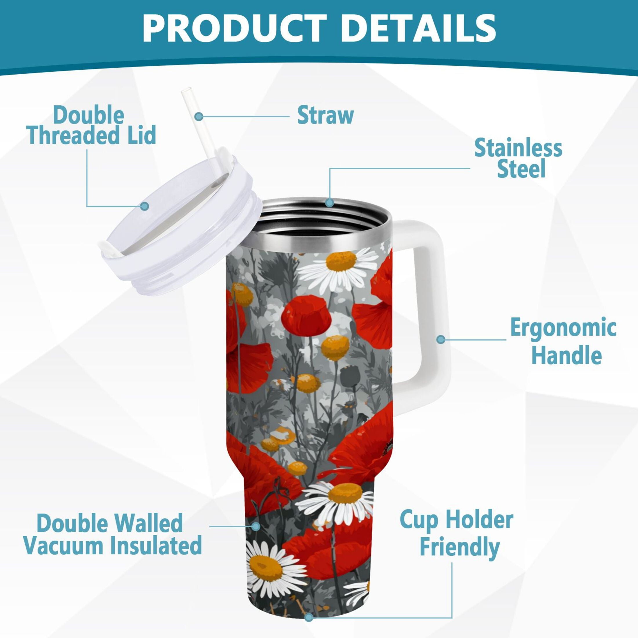 40 oz Insulated Stainless Steel Tumbler Double Wall Stainless Steel Tumbler with 2-Way Drinking Red Flowers and Daisies - JF3D