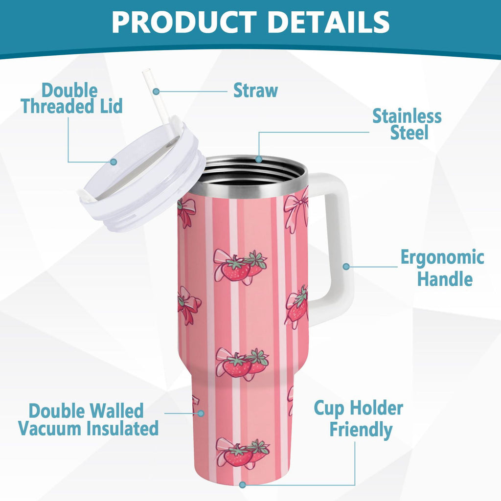 30 oz Insulated Stainless Steel Tumbler Double Wall Stainless Steel Tumbler with 2-Way Drinking Pink Bows and Strawberries - KG8N