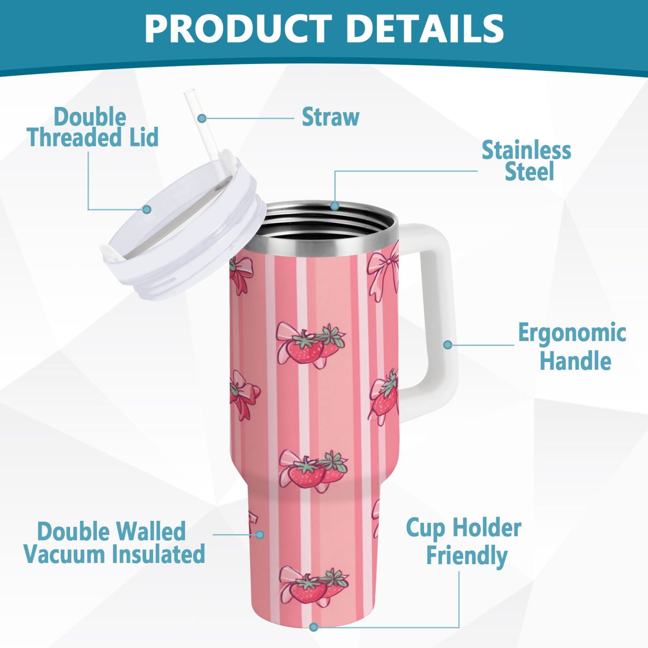 30 oz Insulated Stainless Steel Tumbler Double Wall Stainless Steel Tumbler with 2-Way Drinking Pink Bows and Strawberries - KG8N