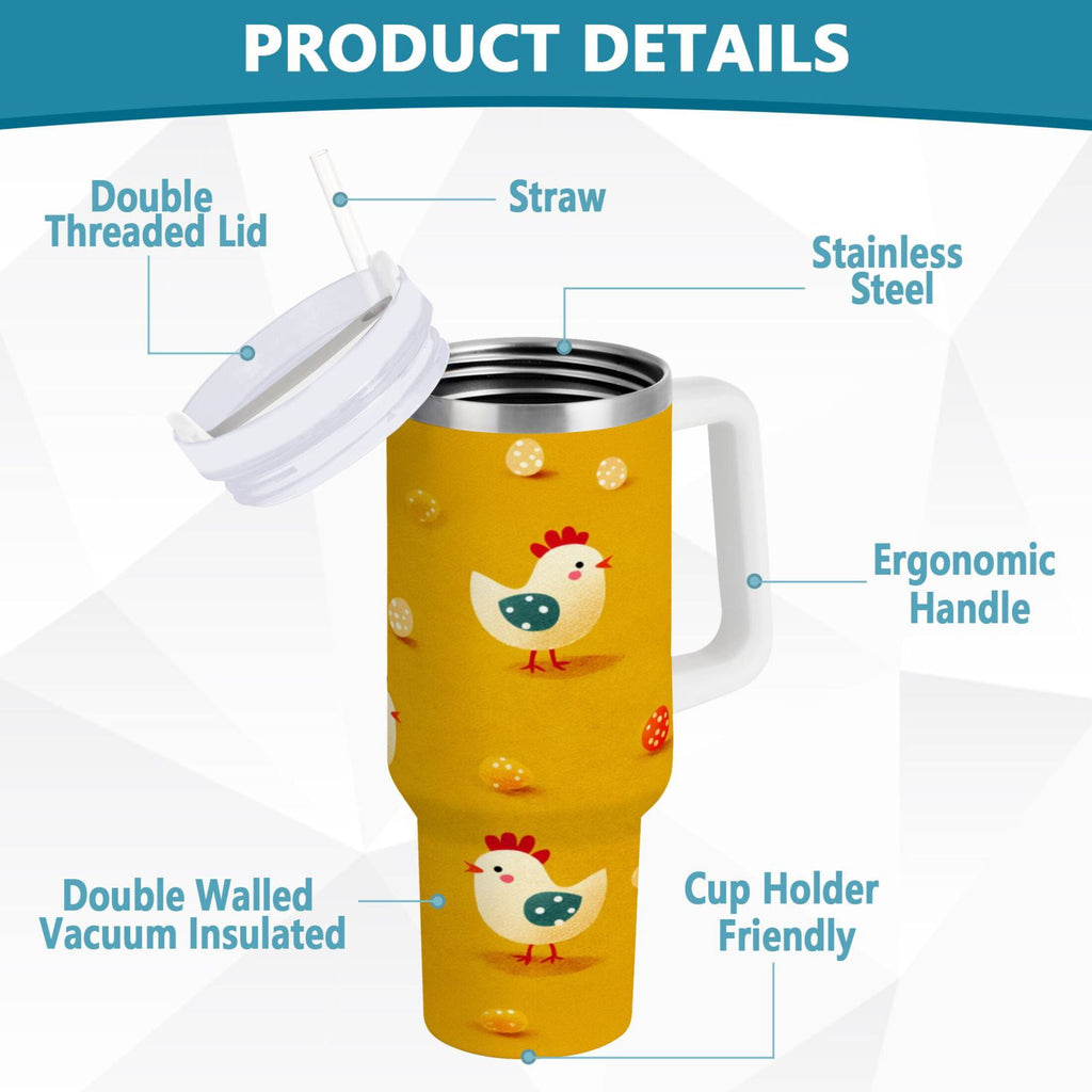 30 oz Insulated Stainless Steel Tumbler Double Wall Stainless Steel Tumbler with 2-Way Drinking Cartoon Chickens Pattern - F8R8