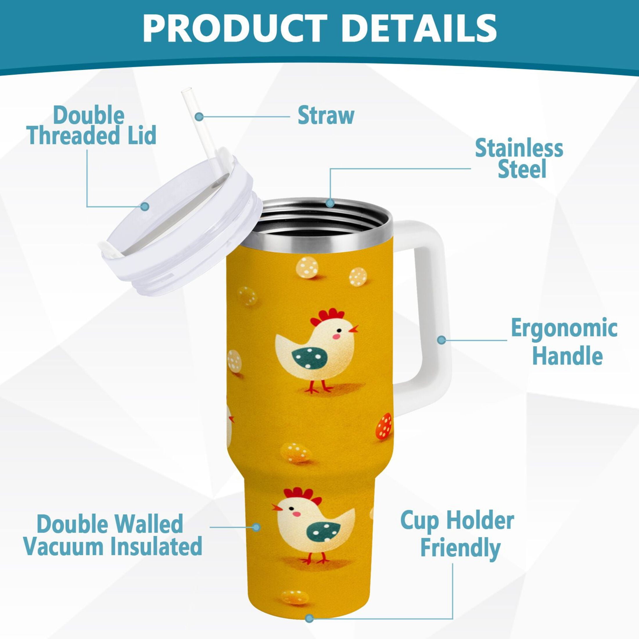 30 oz Insulated Stainless Steel Tumbler Double Wall Stainless Steel Tumbler with 2-Way Drinking Cartoon Chickens Pattern - F8R8