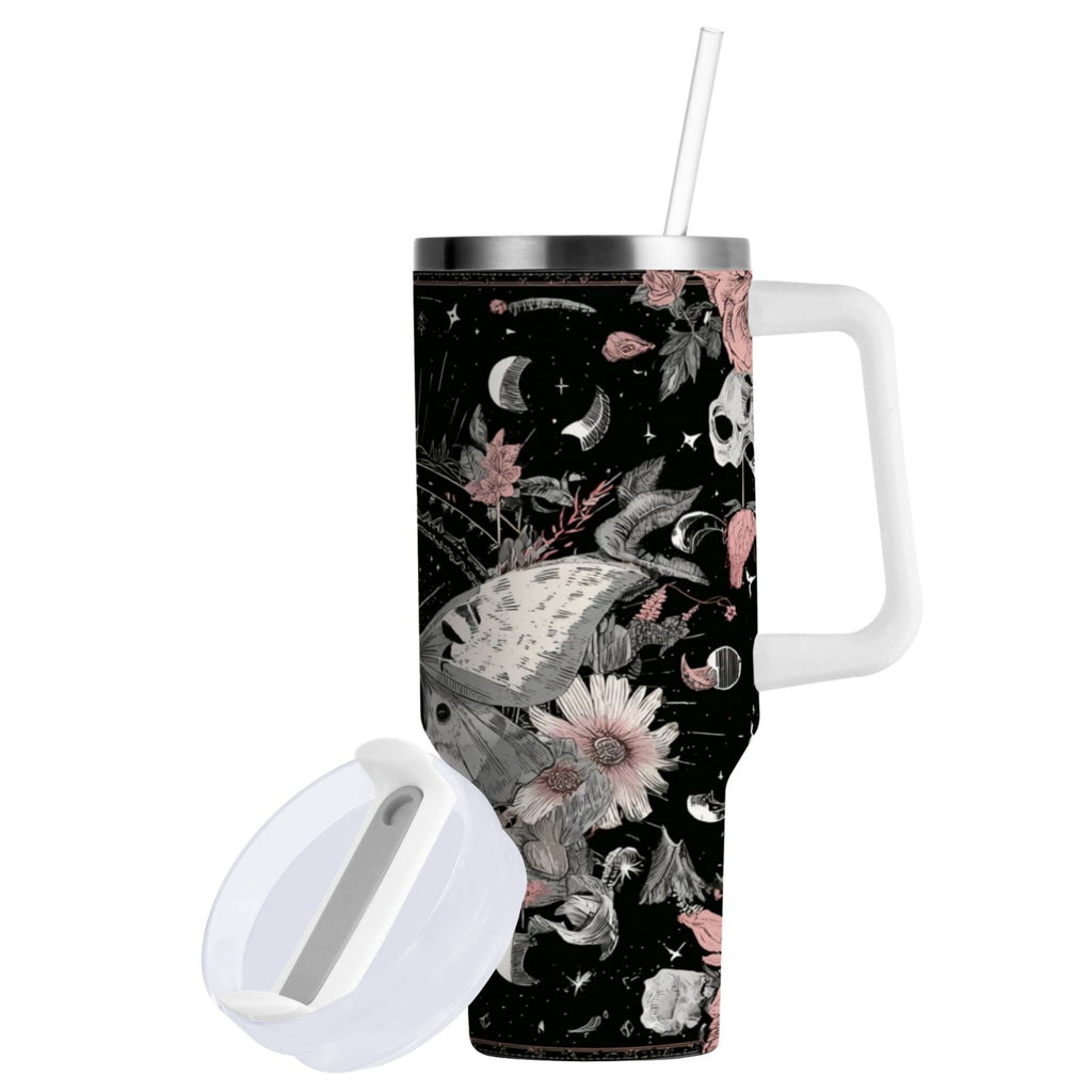 40 oz Insulated Stainless Steel Tumbler Double Wall Stainless Steel Tumbler with 2-Way Drinking Butterfly Surrounded by Flowers - 5VJE