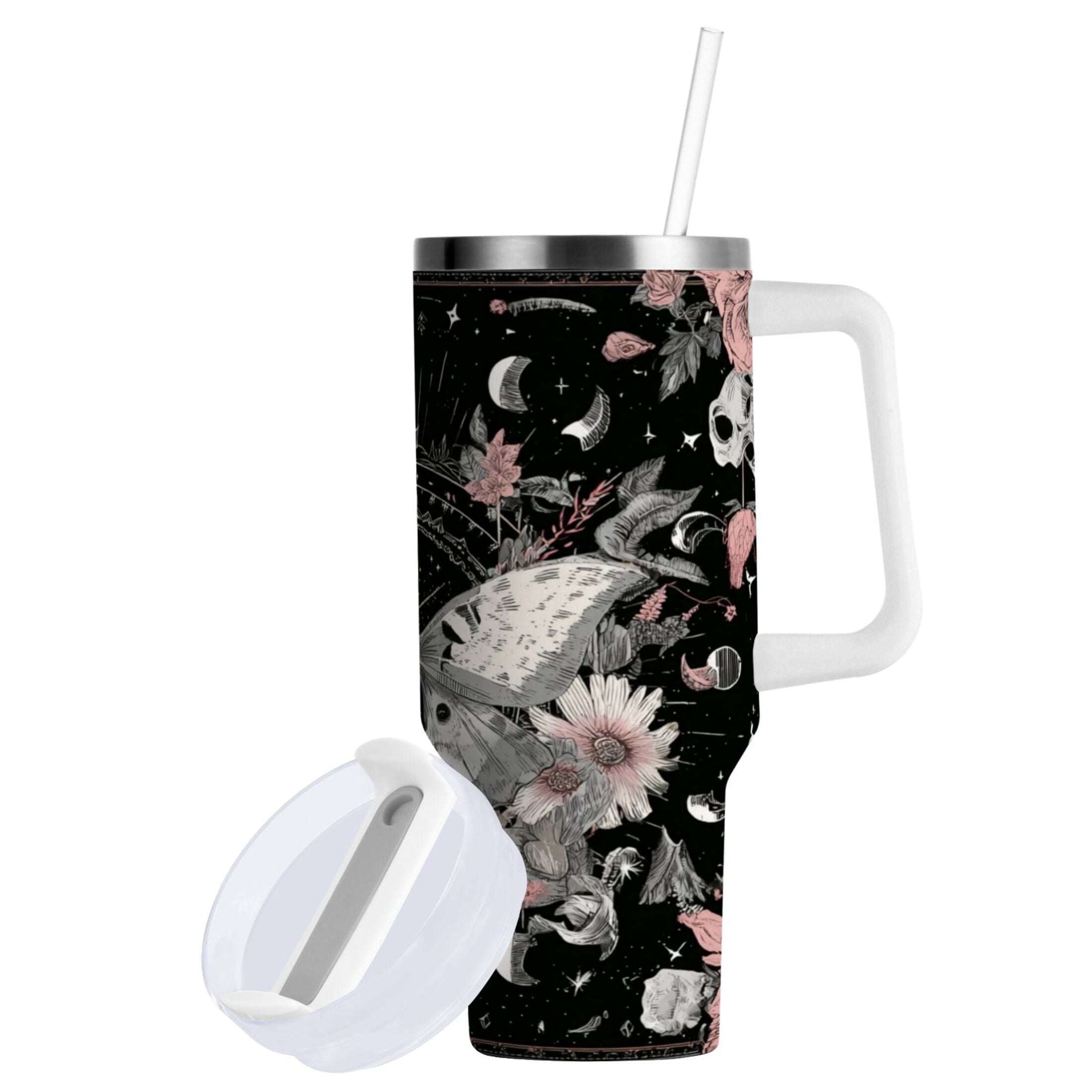 40 oz Insulated Stainless Steel Tumbler Double Wall Stainless Steel Tumbler with 2-Way Drinking Butterfly Surrounded by Flowers - 5VJE