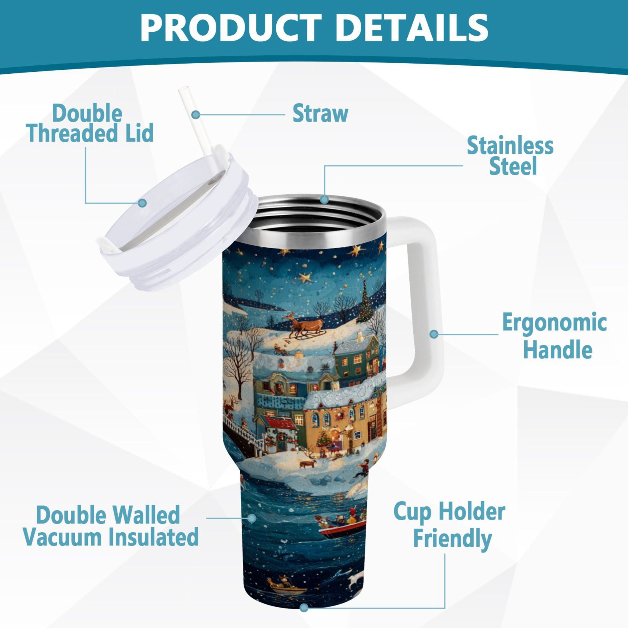 30 oz Insulated Stainless Steel Tumbler Double Wall Stainless Steel Tumbler with 2-Way Drinking Whimsical Christmas Scene - JRE3