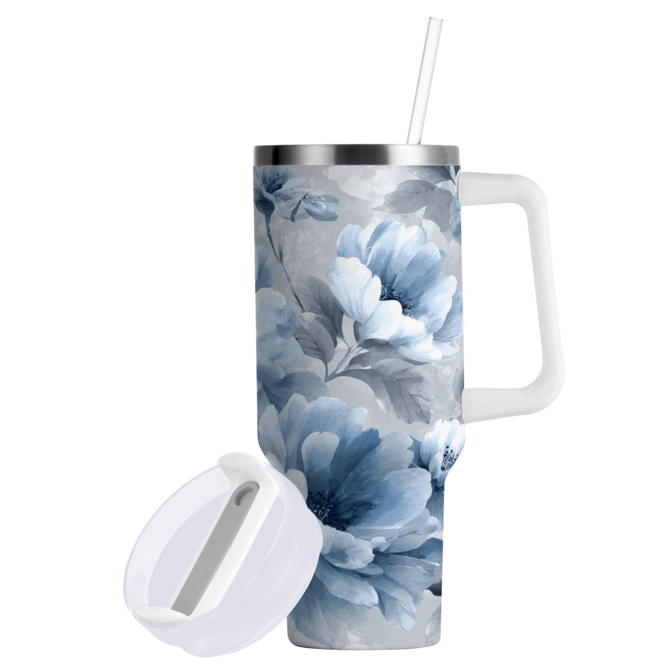 40 oz Insulated Stainless Steel Tumbler Double Wall Stainless Steel Tumbler with 2-Way Drinking White Floral Pattern - 7GDW
