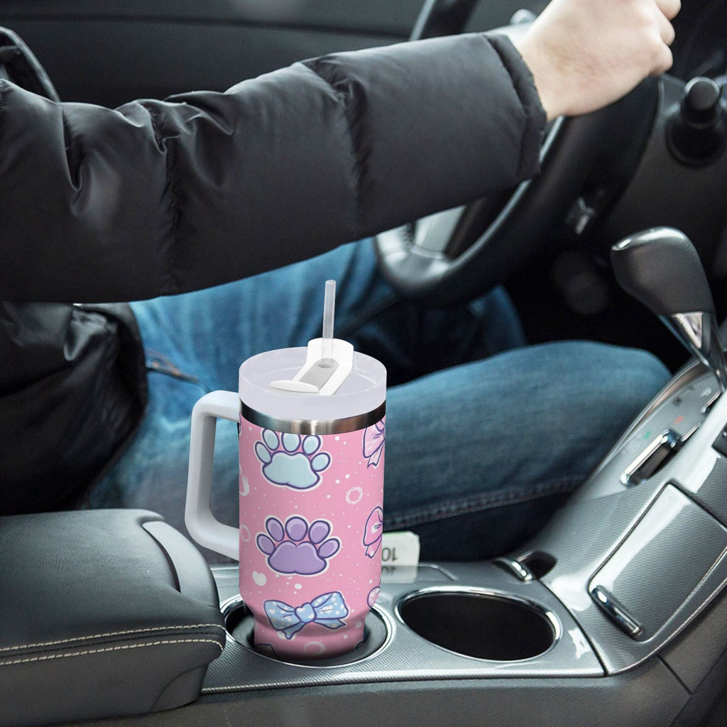 30 oz Insulated Stainless Steel Tumbler Double Wall Stainless Steel Tumbler with 2-Way Drinking Dog Paw Prints and Bows - HATL