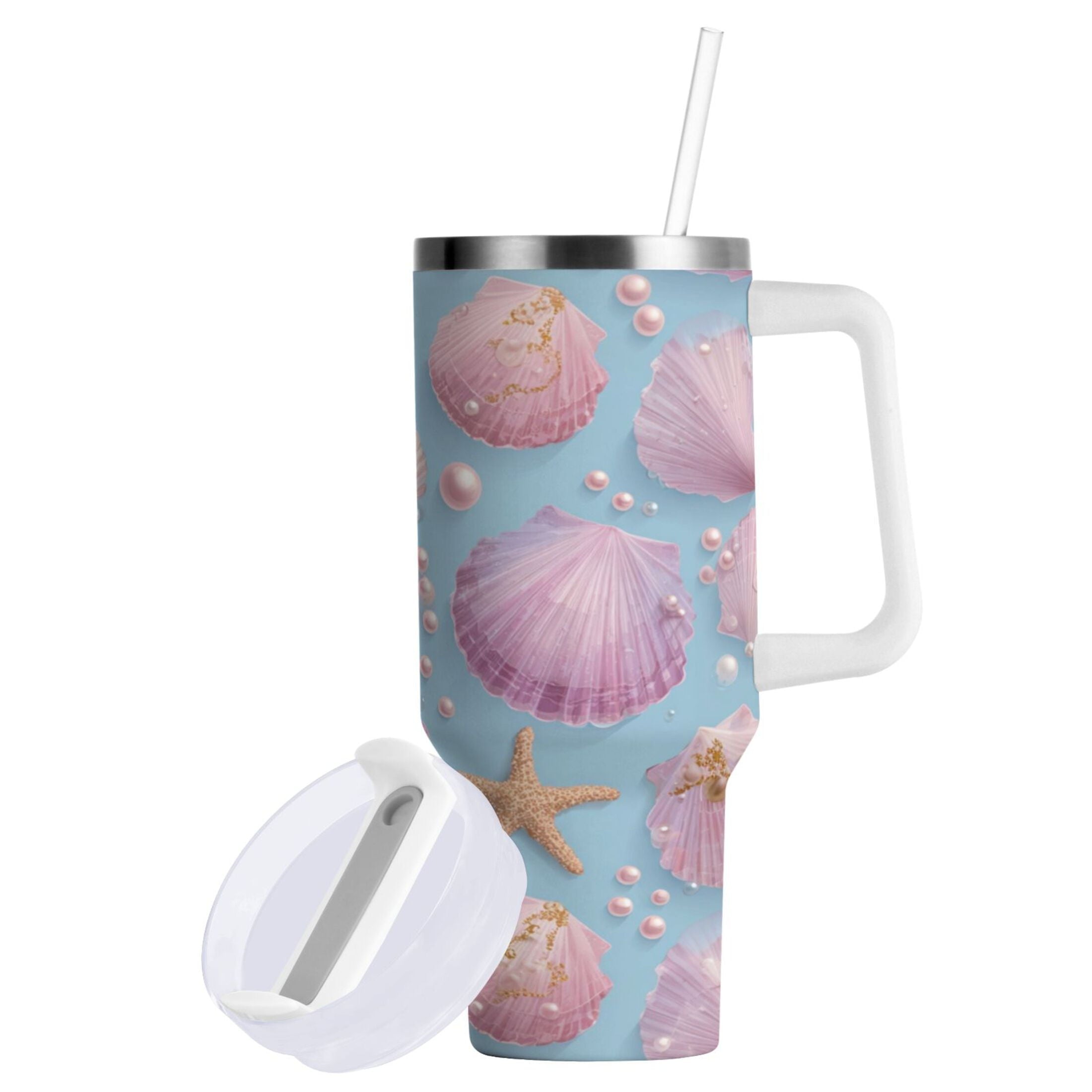 40 oz Insulated Stainless Steel Tumbler Double Wall Stainless Steel Tumbler with 2-Way Drinking Seashells and Pearls Pattern - 9BS2