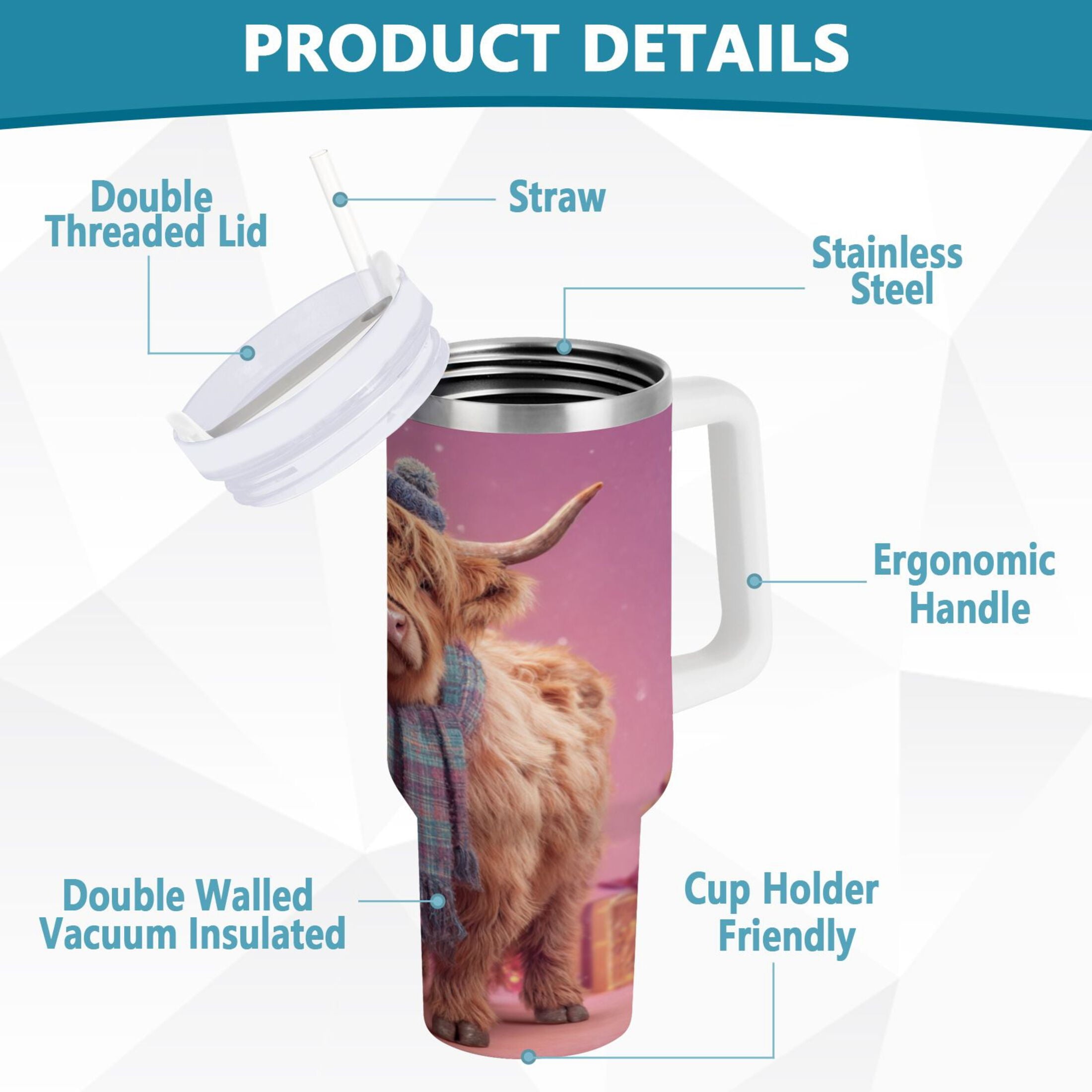 30 oz Insulated Stainless Steel Tumbler Double Wall Stainless Steel Tumbler with 2-Way Drinking Cow Wearing Christmas - 6PSV