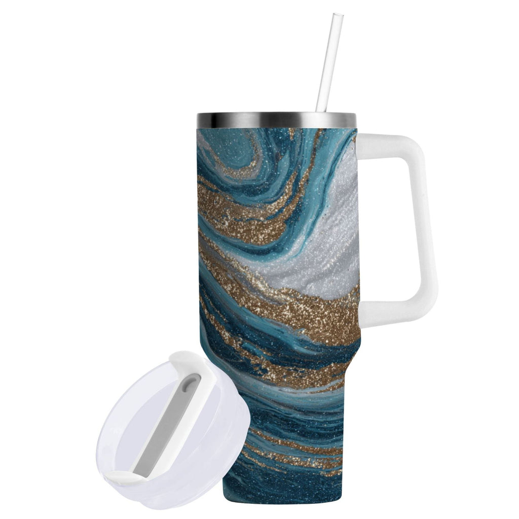 30 oz Insulated Stainless Steel Tumbler Double Wall Stainless Steel Tumbler with 2-Way Drinking Blue and Gold Swirling - 97J3