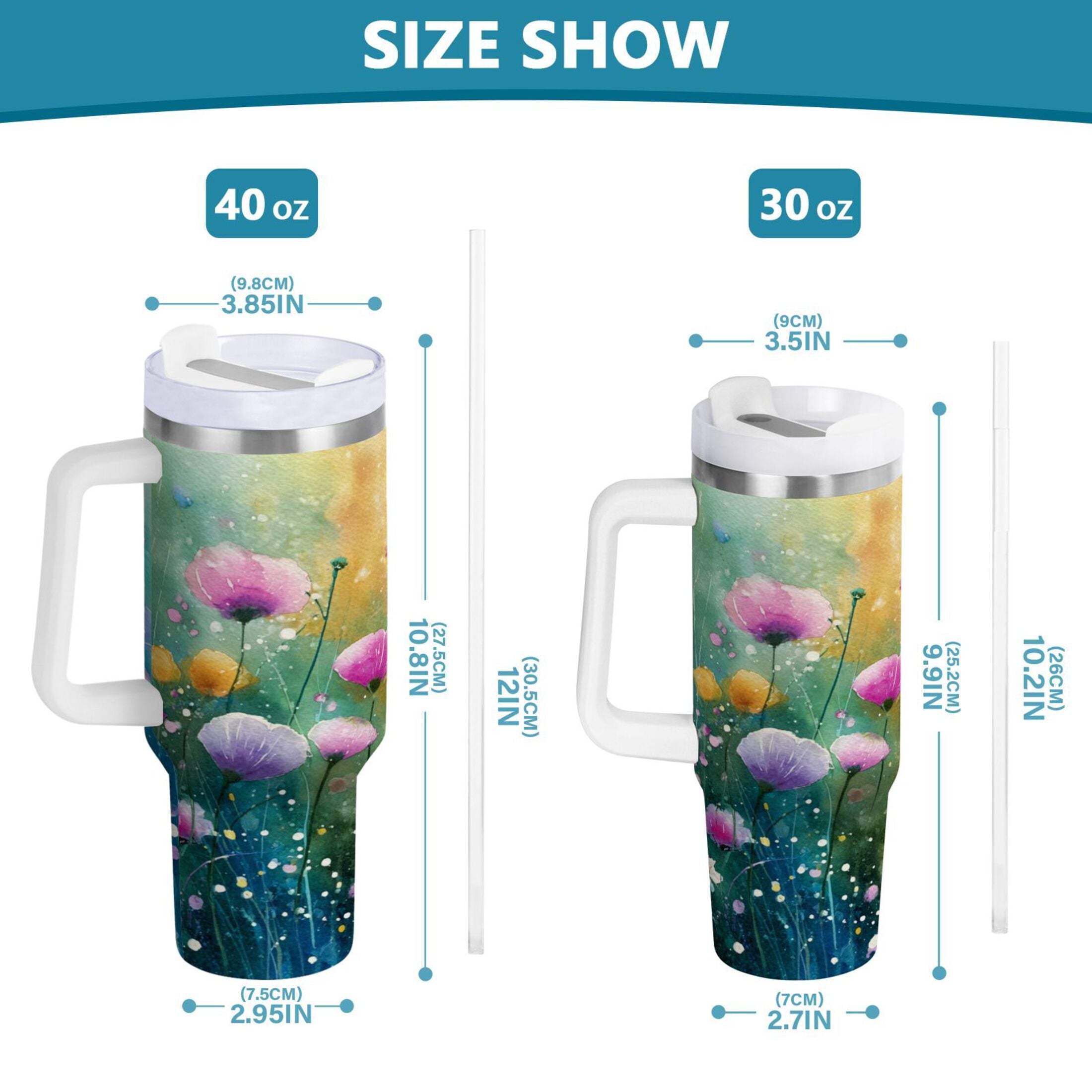 30 oz Insulated Stainless Steel Tumbler Double Wall Stainless Steel Tumbler with 2-Way Drinking Watercolor Wildflowers - X4M2