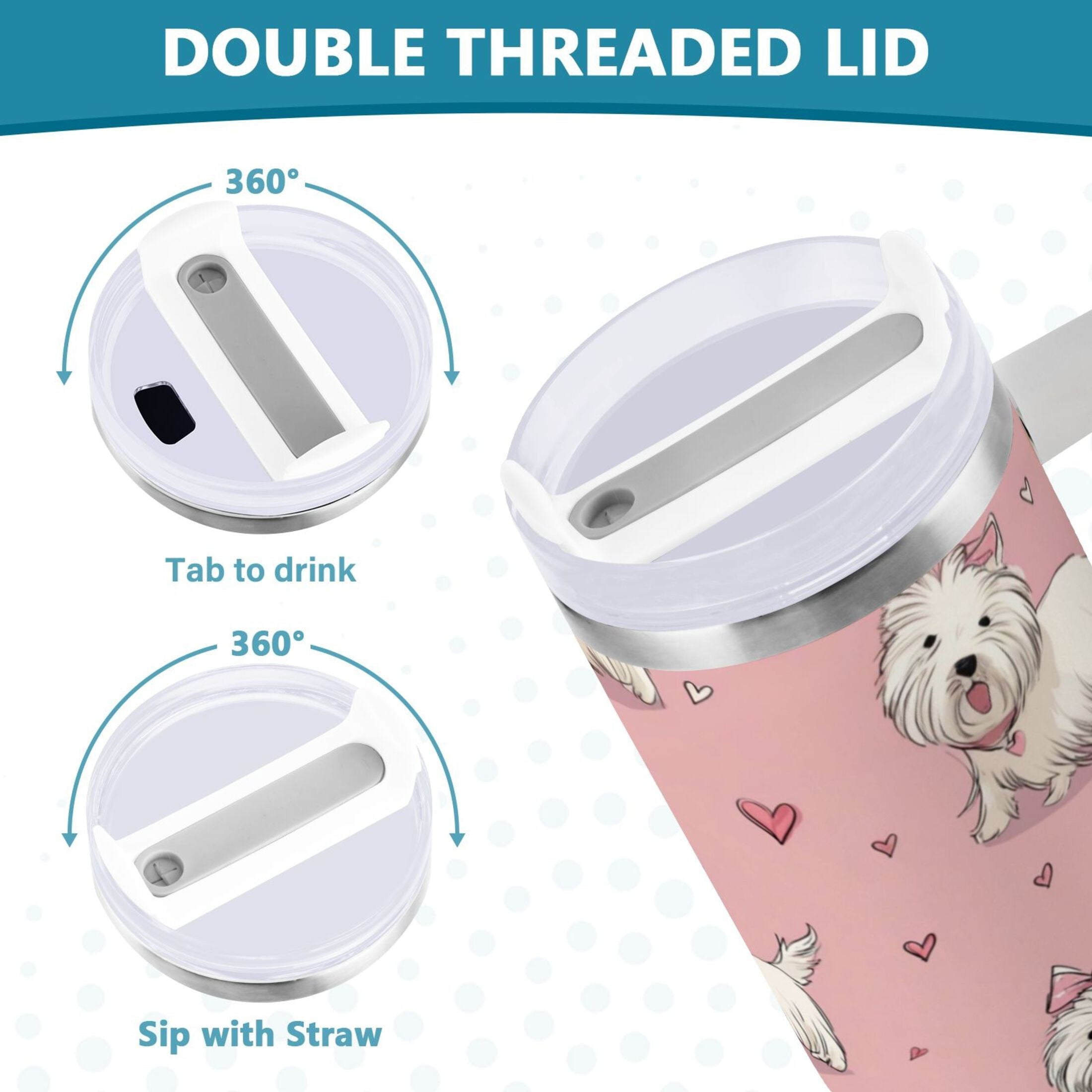30 oz Insulated Stainless Steel Tumbler Double Wall Stainless Steel Tumbler with 2-Way Drinking Dogs Wearing Bows - MPGK