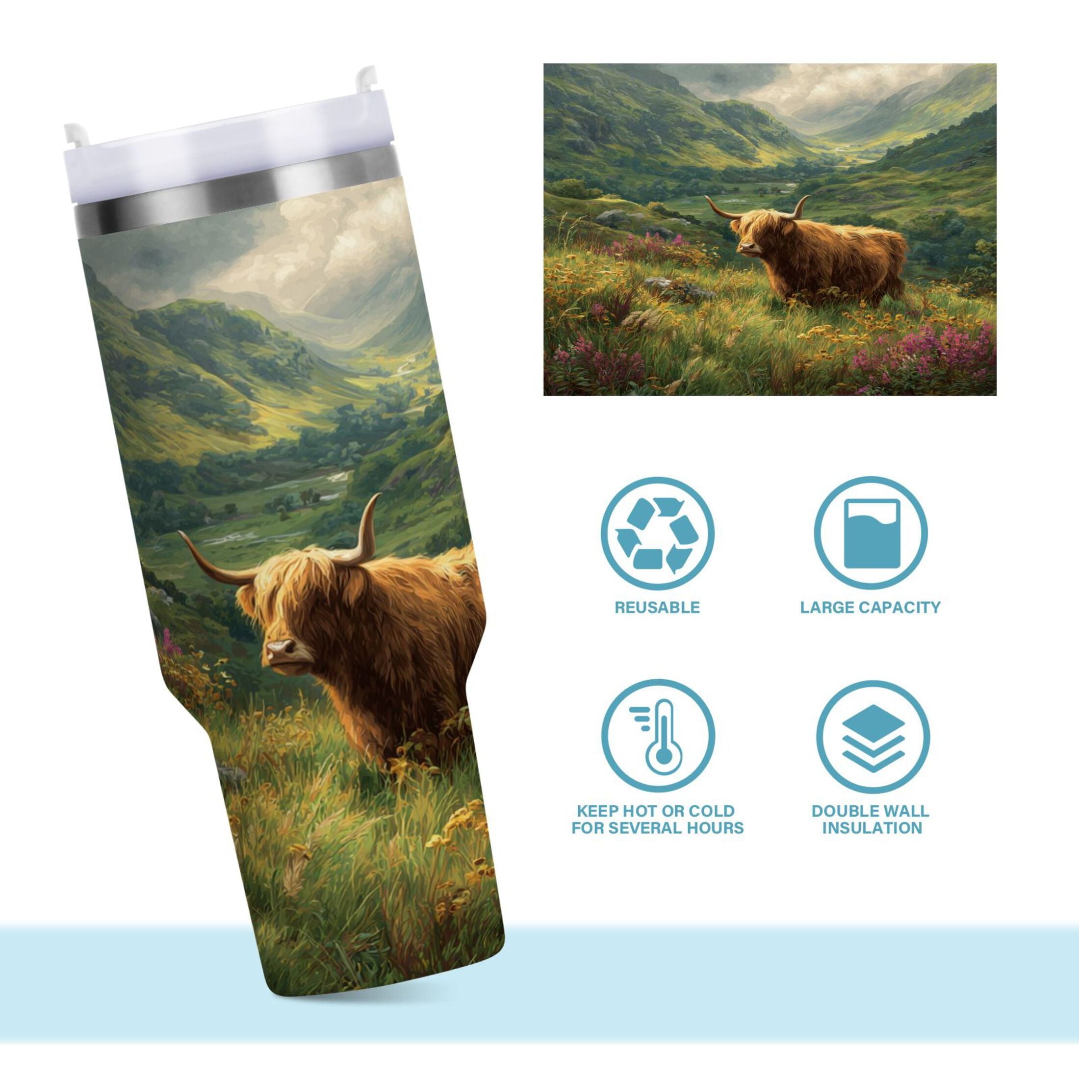30 oz Insulated Stainless Steel Tumbler Double Wall Stainless Steel Tumbler with 2-Way Drinking Cow in Green Rolling Hills - PQ9H