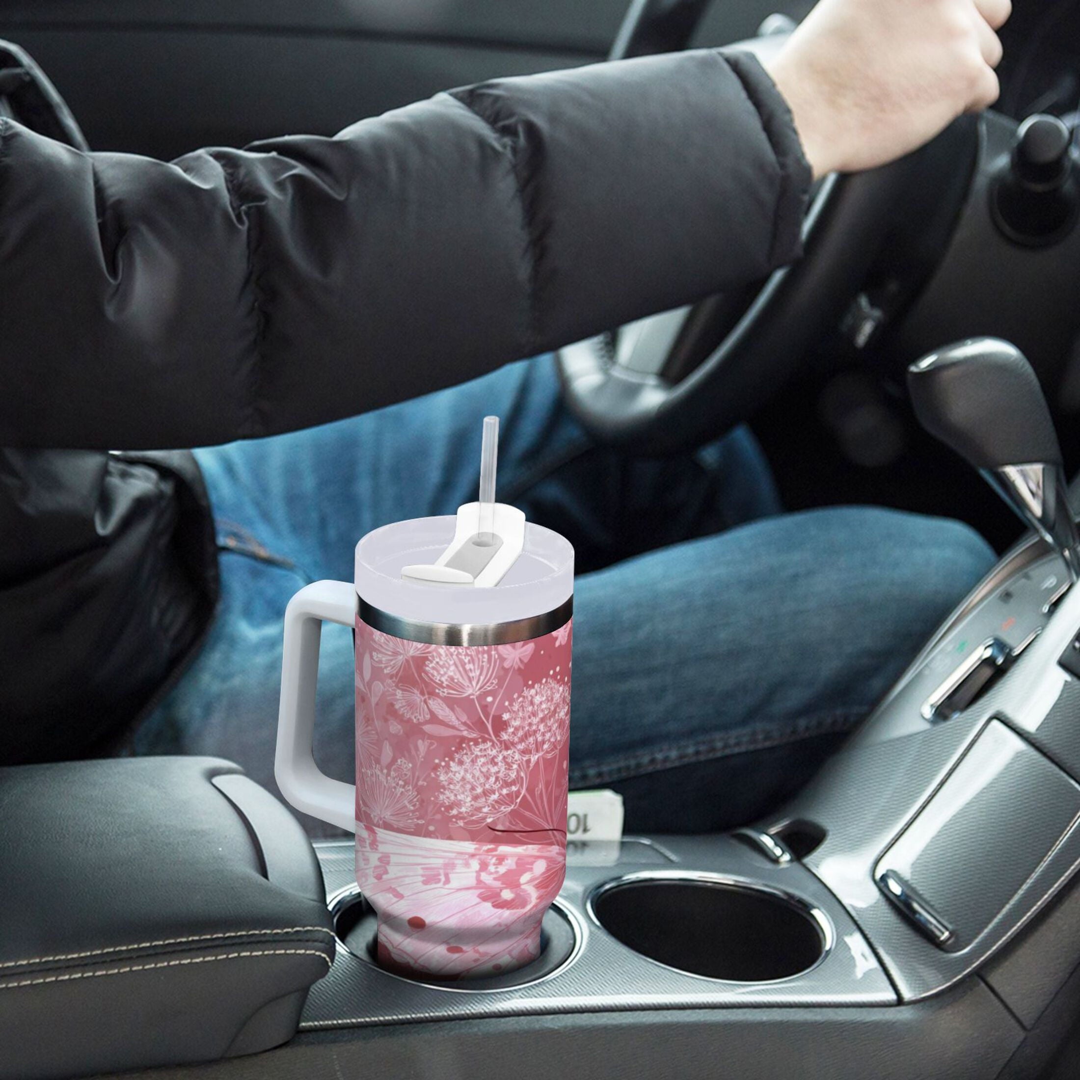 30 oz Insulated Stainless Steel Tumbler Double Wall Stainless Steel Tumbler with 2-Way Drinking Soft Pink Butterfly - CERX
