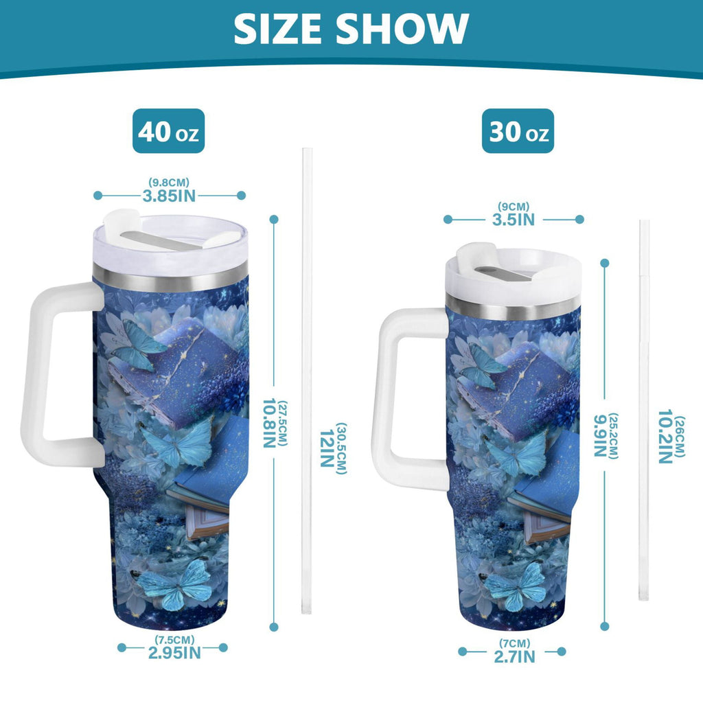 30 oz Insulated Stainless Steel Tumbler Double Wall Stainless Steel Tumbler with 2-Way Drinking Butterflies Books and Flowers - K7D9