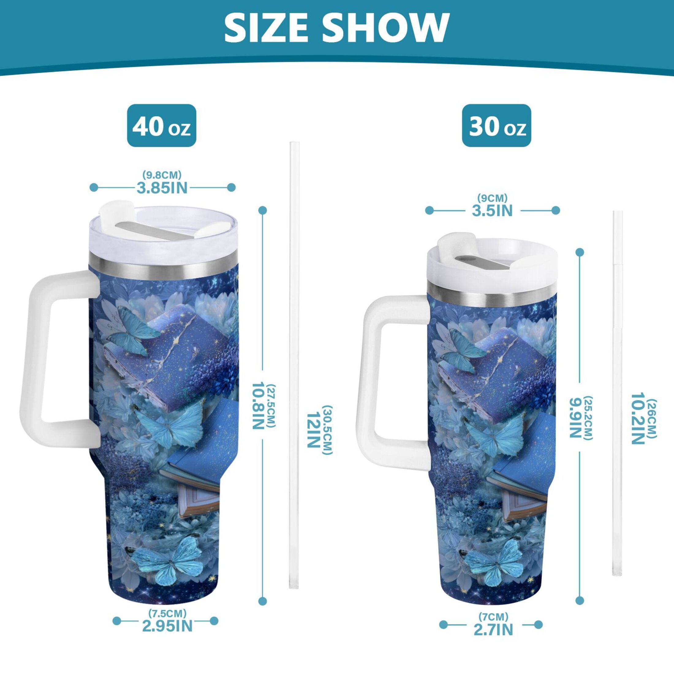 30 oz Insulated Stainless Steel Tumbler Double Wall Stainless Steel Tumbler with 2-Way Drinking Butterflies Books and Flowers - K7D9