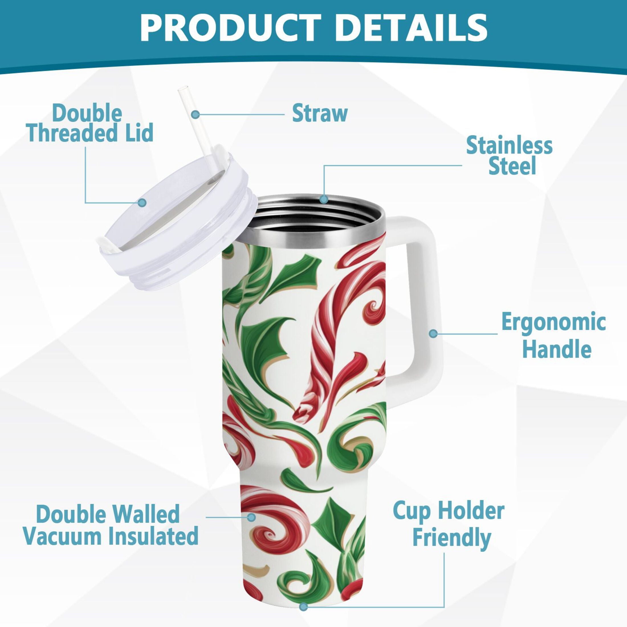40 oz Insulated Stainless Steel Tumbler Double Wall Stainless Steel Tumbler with 2-Way Drinking Red and Green Candy-cane - 82AT