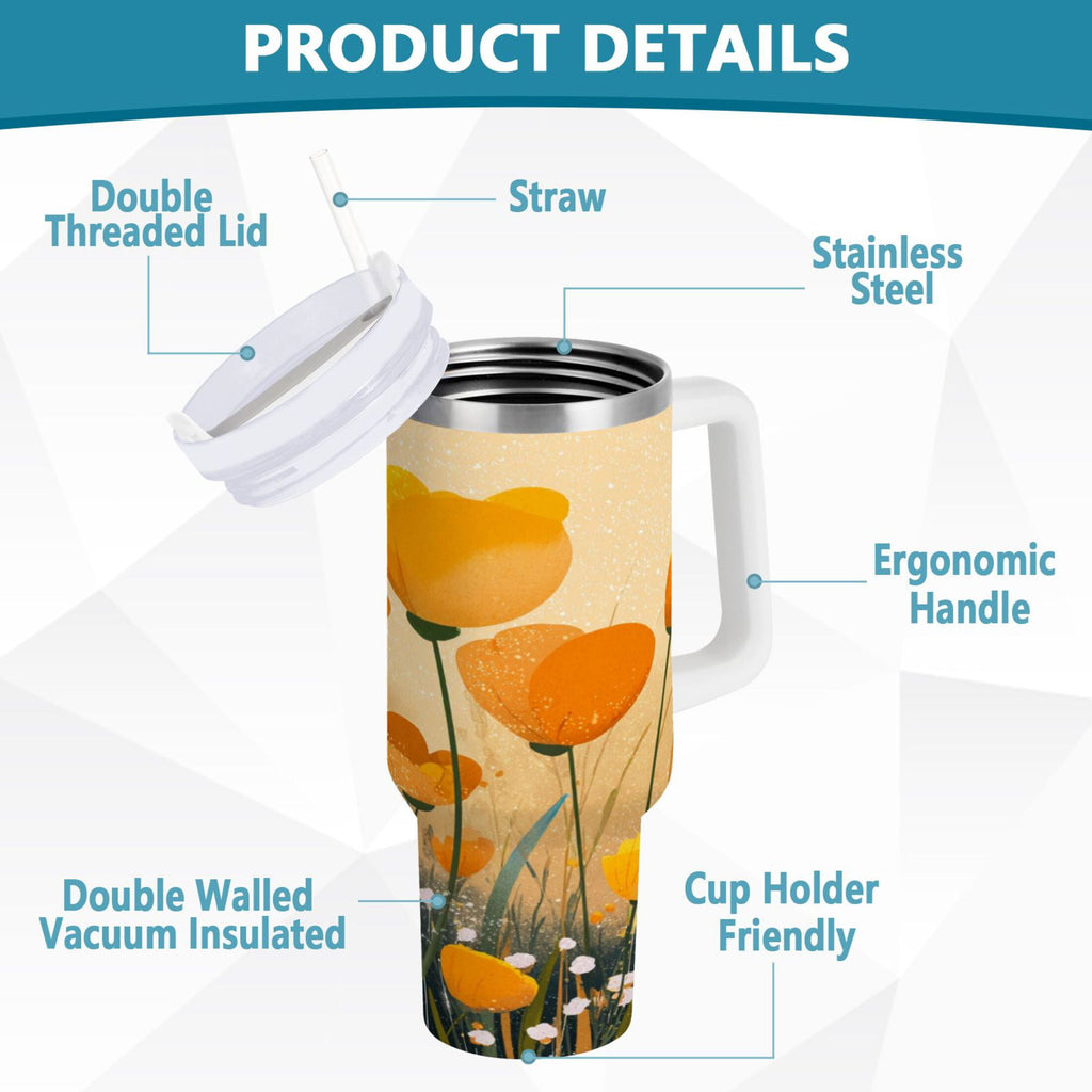 30 oz Insulated Stainless Steel Tumbler Double Wall Stainless Steel Tumbler with 2-Way Drinking Yellow Flowers on The Grass - D8TD