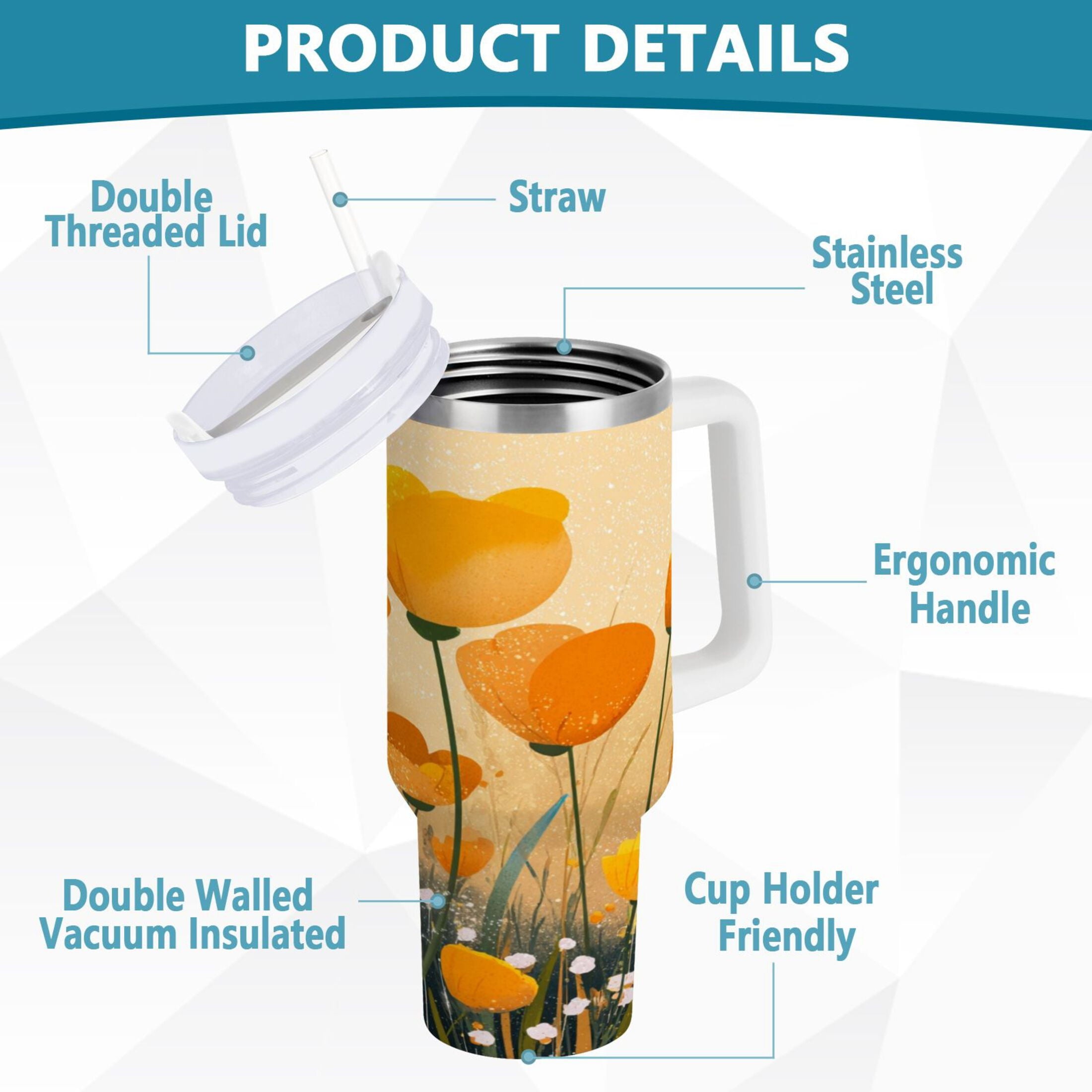 30 oz Insulated Stainless Steel Tumbler Double Wall Stainless Steel Tumbler with 2-Way Drinking Yellow Flowers on The Grass - D8TD