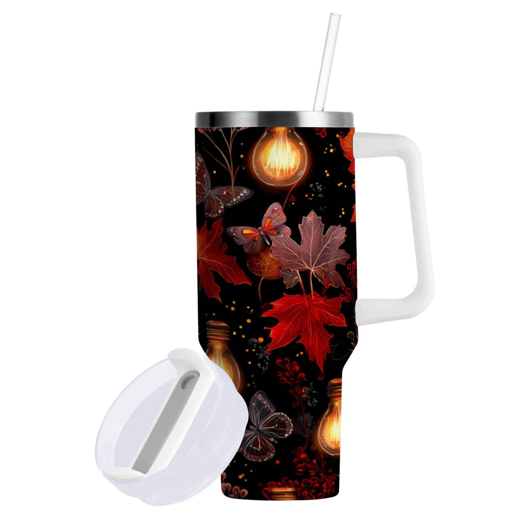 40 oz Insulated Stainless Steel Tumbler Double Wall Stainless Steel Tumbler with 2-Way Drinking Light Bulbs and Maple Leaves - E3V2