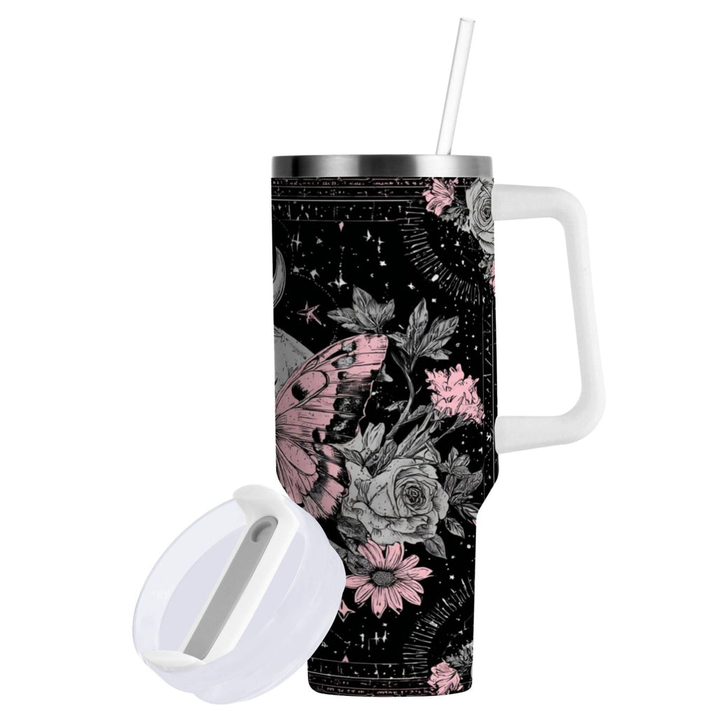 30 oz Insulated Stainless Steel Tumbler Double Wall Stainless Steel Tumbler with 2-Way Drinking Butterfly by Moon and Flowers - 2MDV