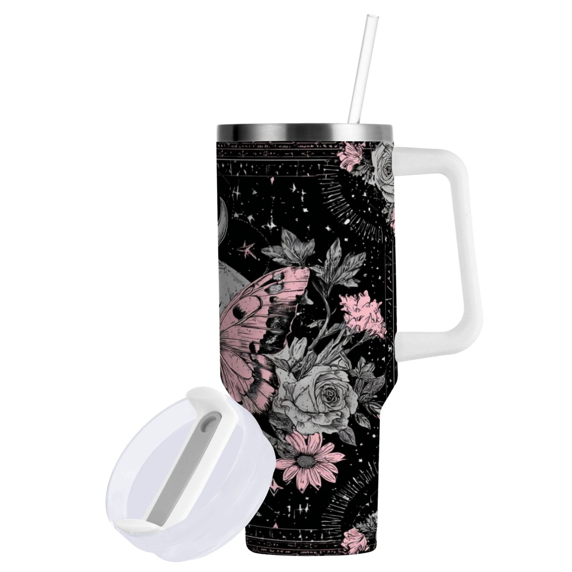 30 oz Insulated Stainless Steel Tumbler Double Wall Stainless Steel Tumbler with 2-Way Drinking Butterfly by Moon and Flowers - 2MDV